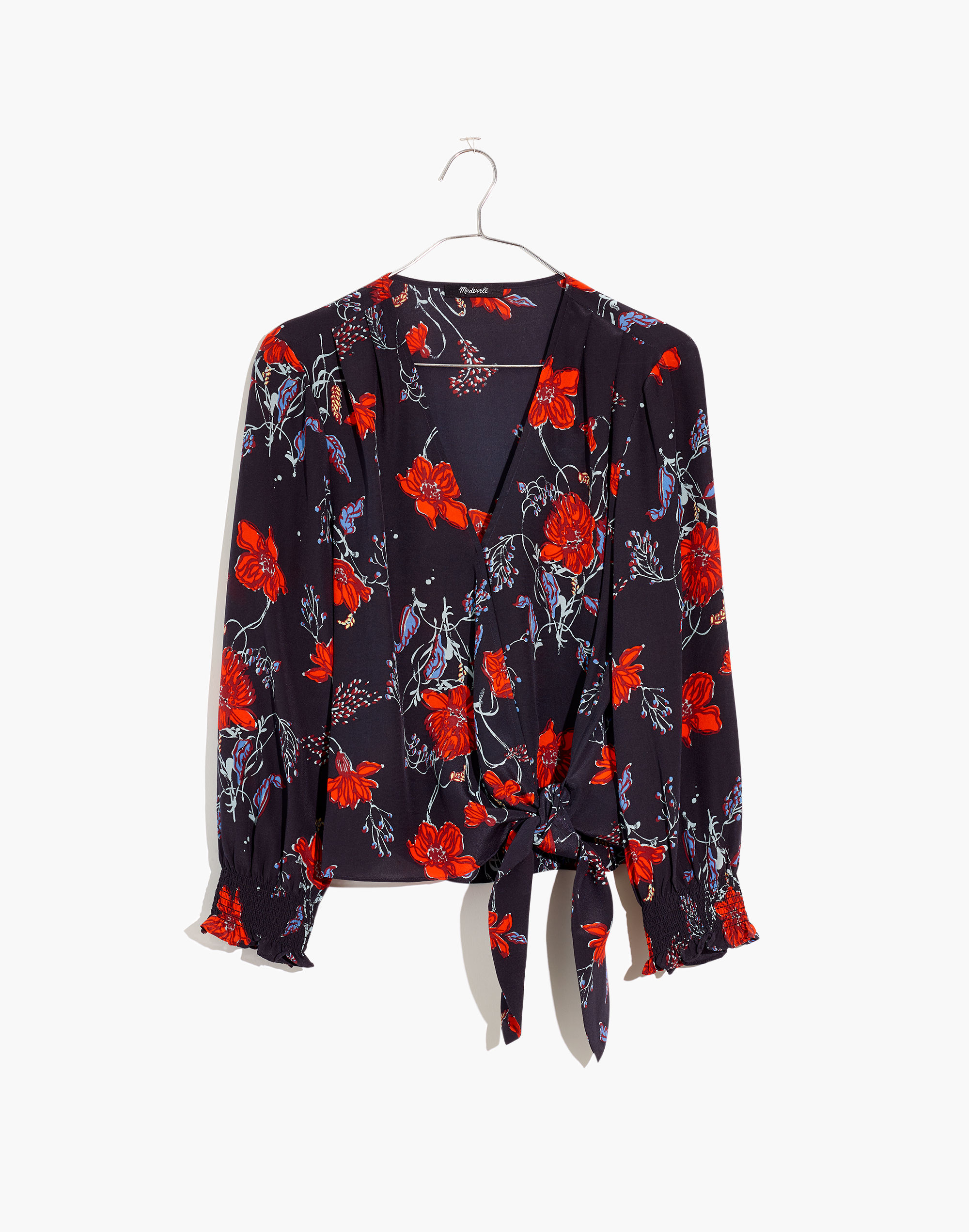 Silk Smocked-Sleeve Wrap Top