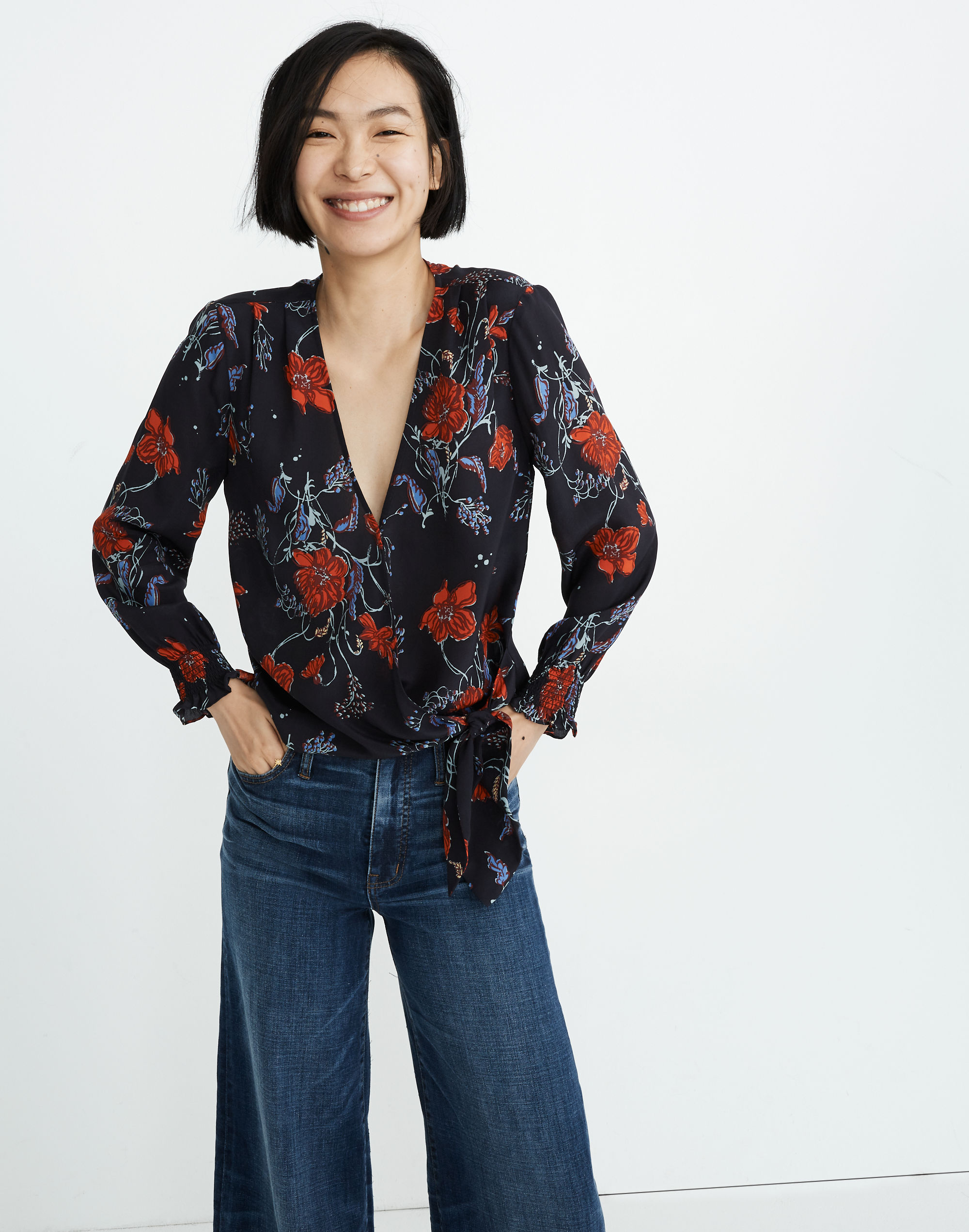 Silk Smocked-Sleeve Wrap Top