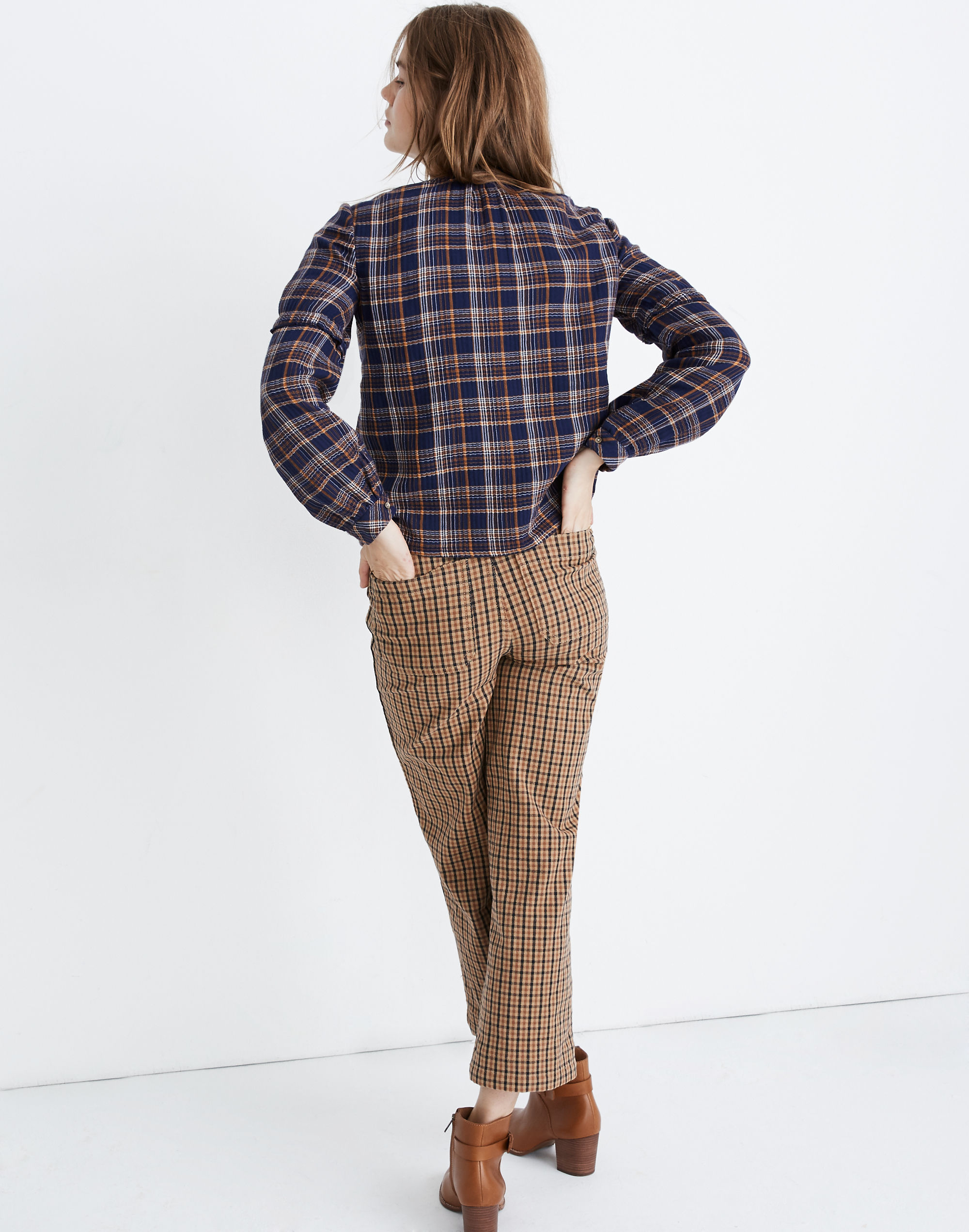 Plaid V-Neck Ruffle Top