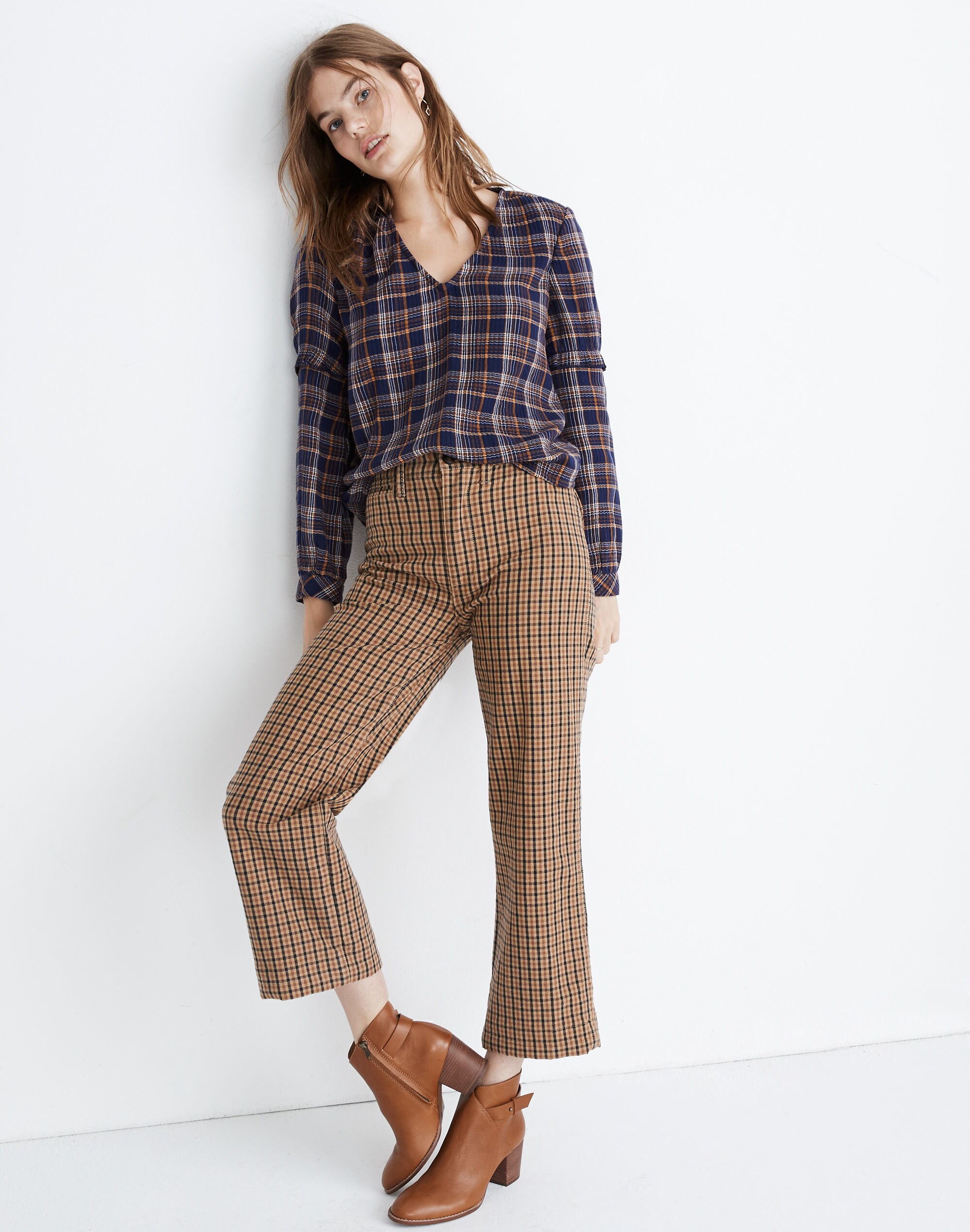 Plaid V-Neck Ruffle Top