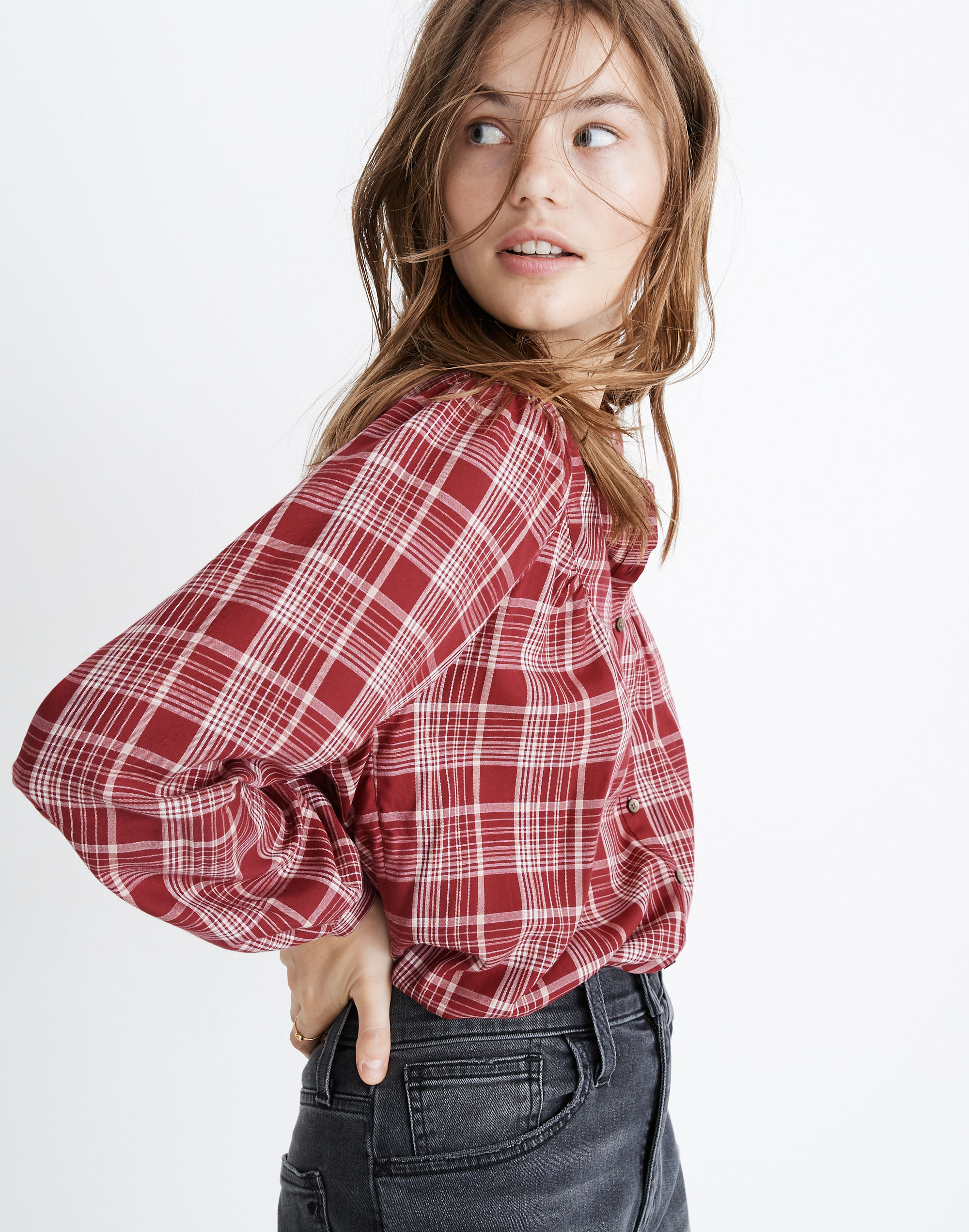 Balloon-Sleeve Peasant Top in Plaid