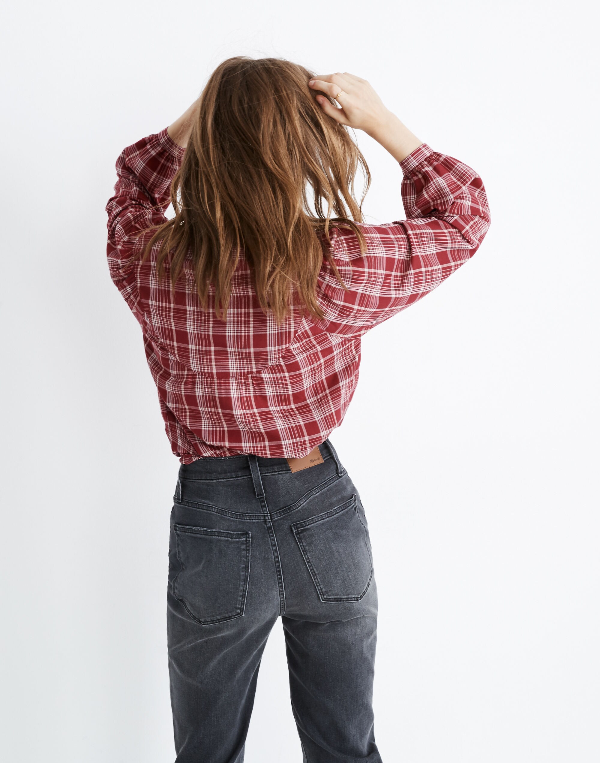 Balloon-Sleeve Peasant Top in Plaid