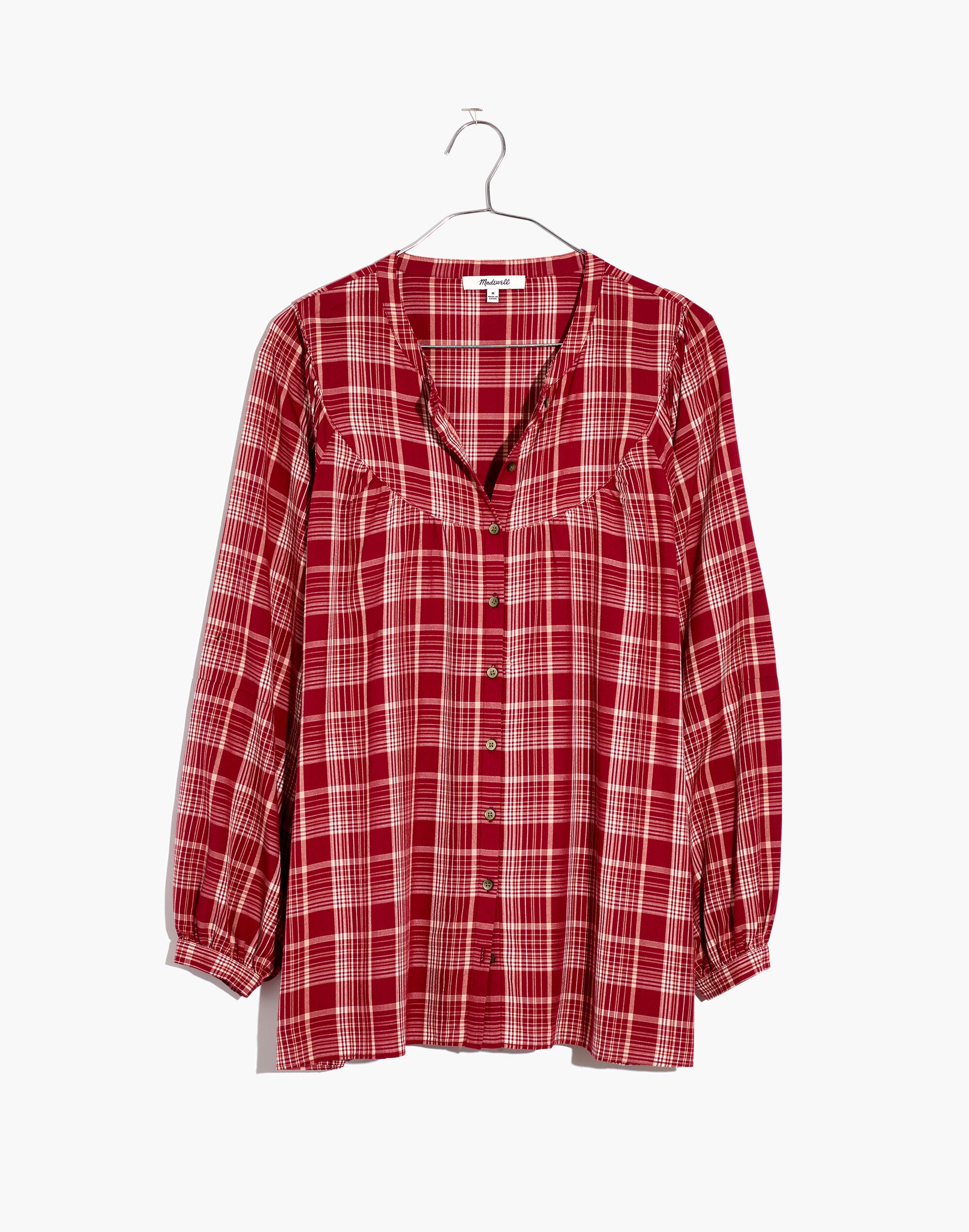 Balloon-Sleeve Peasant Top in Plaid
