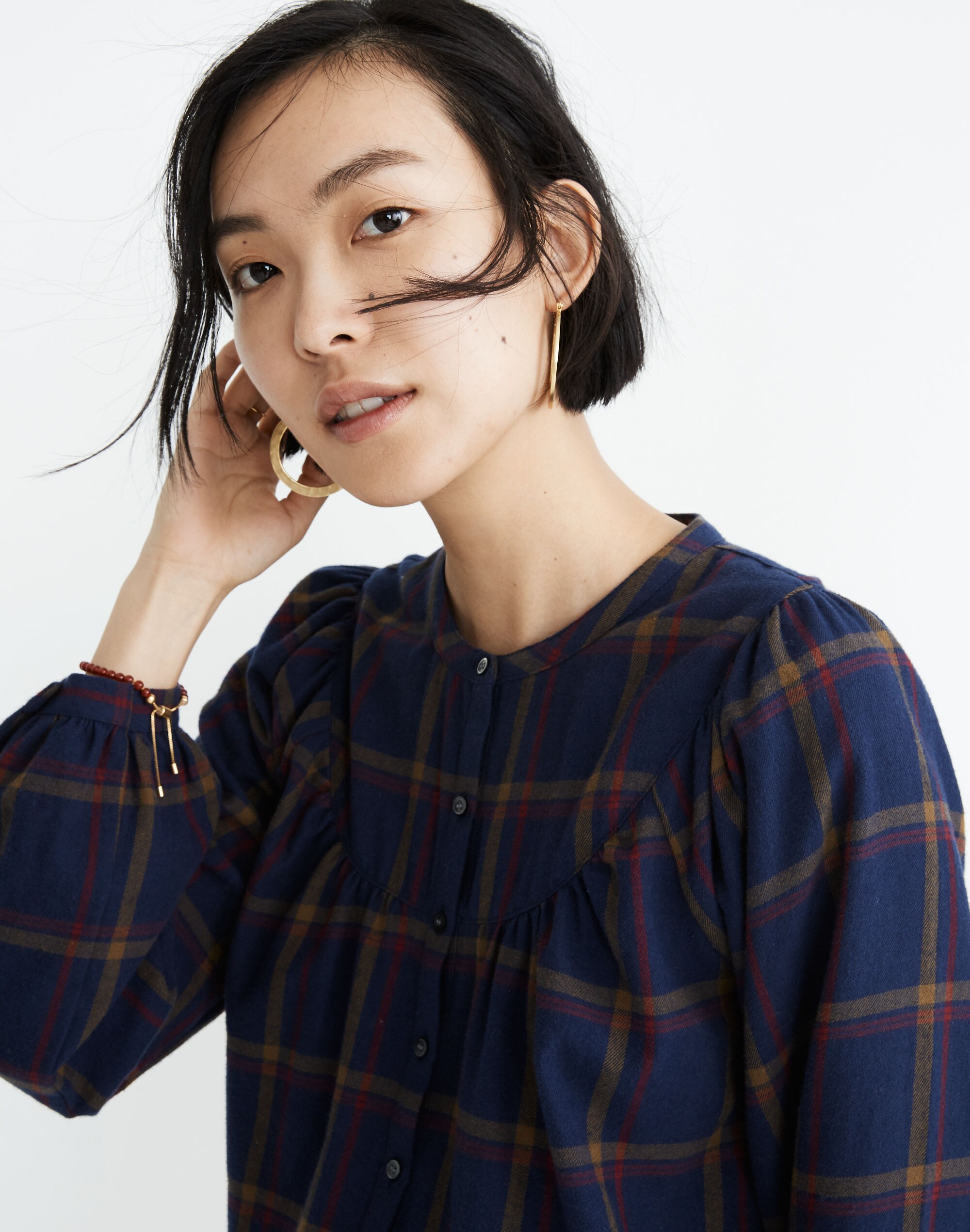 Flannel Balloon-Sleeve Top in Kingham Plaid