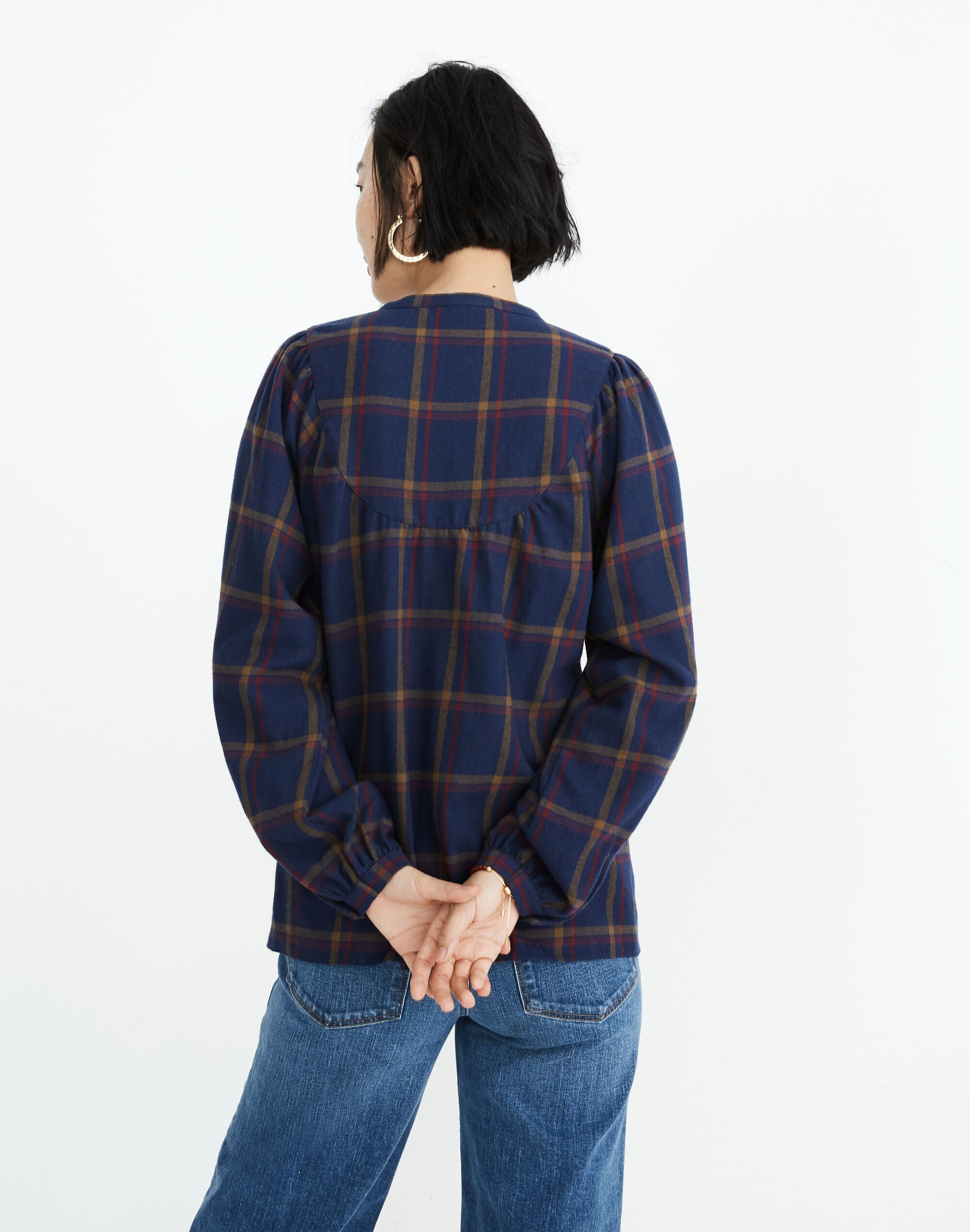 Flannel Balloon-Sleeve Top in Kingham Plaid