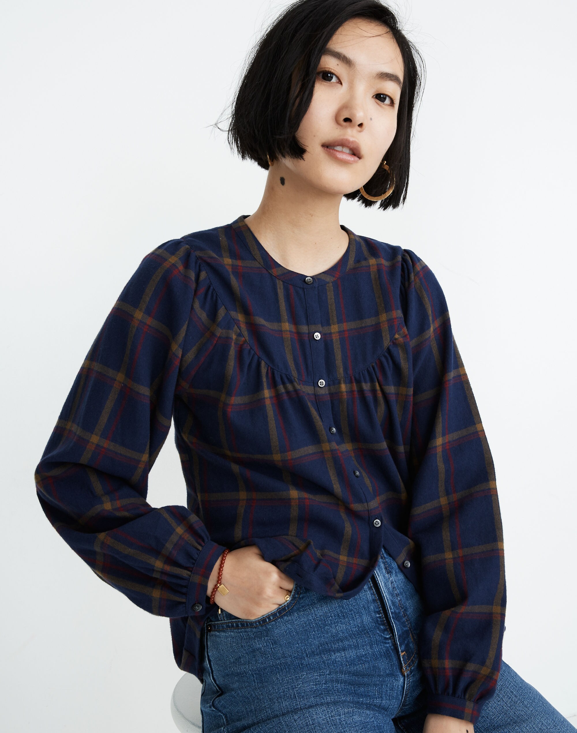 Flannel Balloon-Sleeve Top in Kingham Plaid