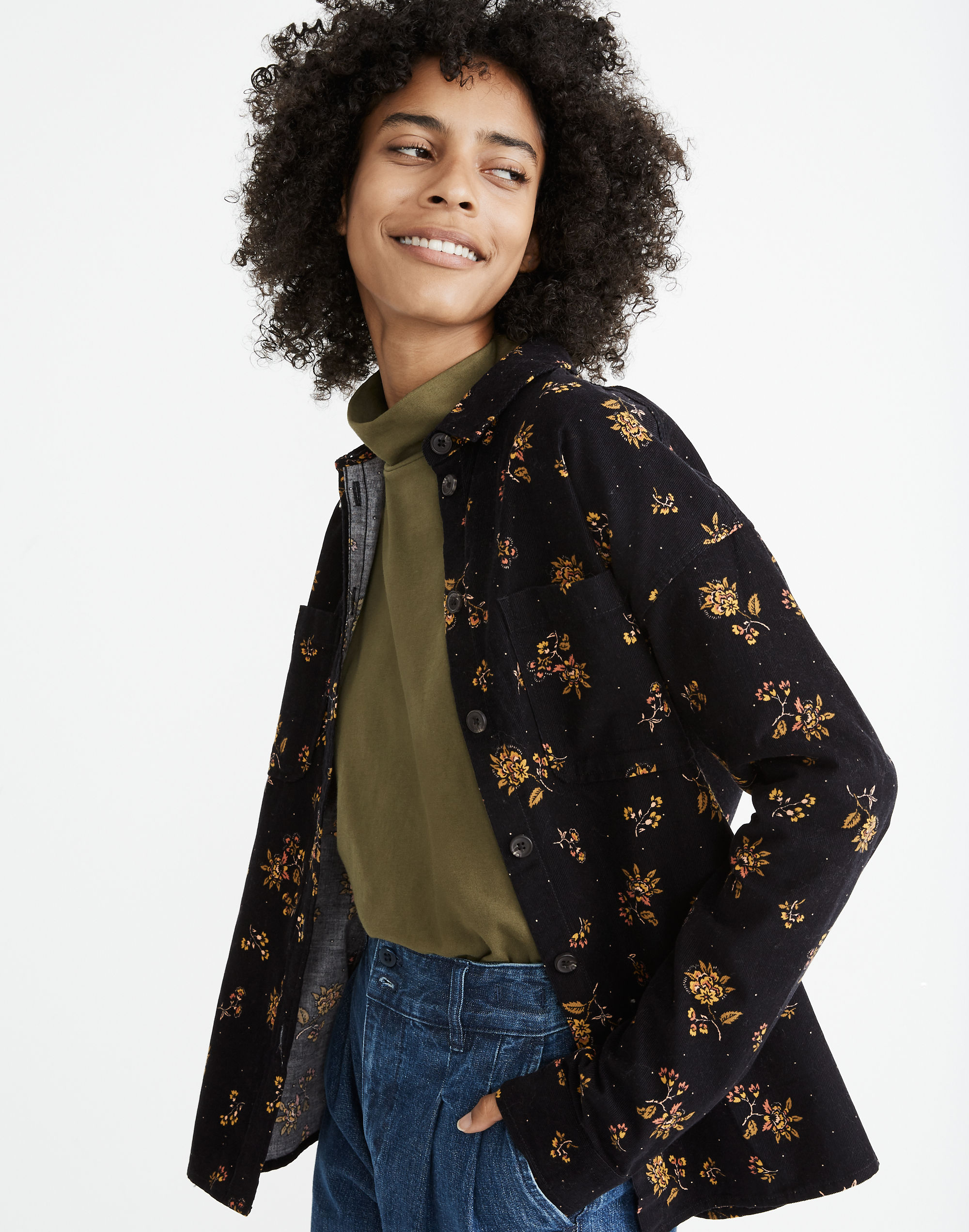 Corduroy Shirt-Jacket in Fall Floral