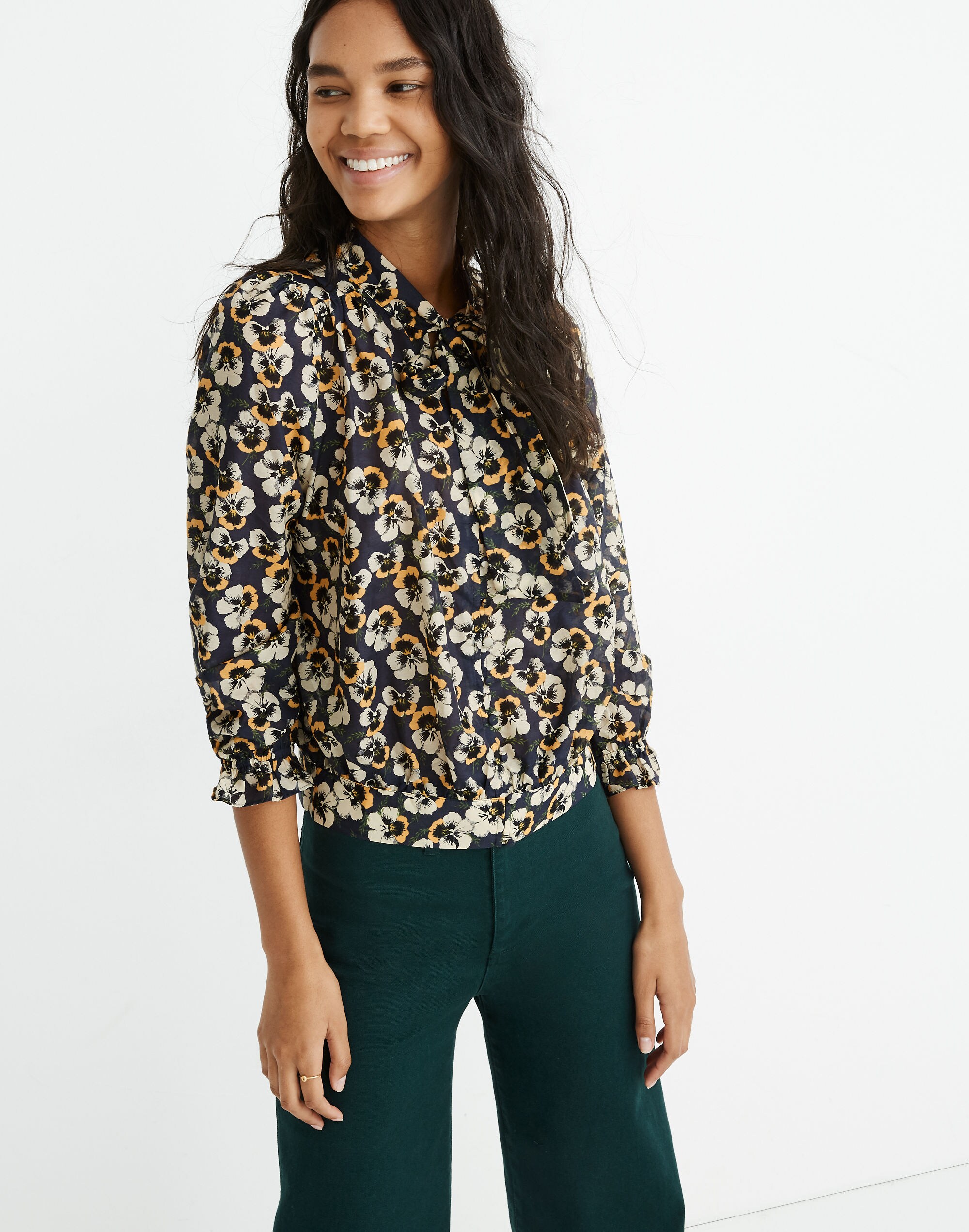 tie-neck top in viola floral