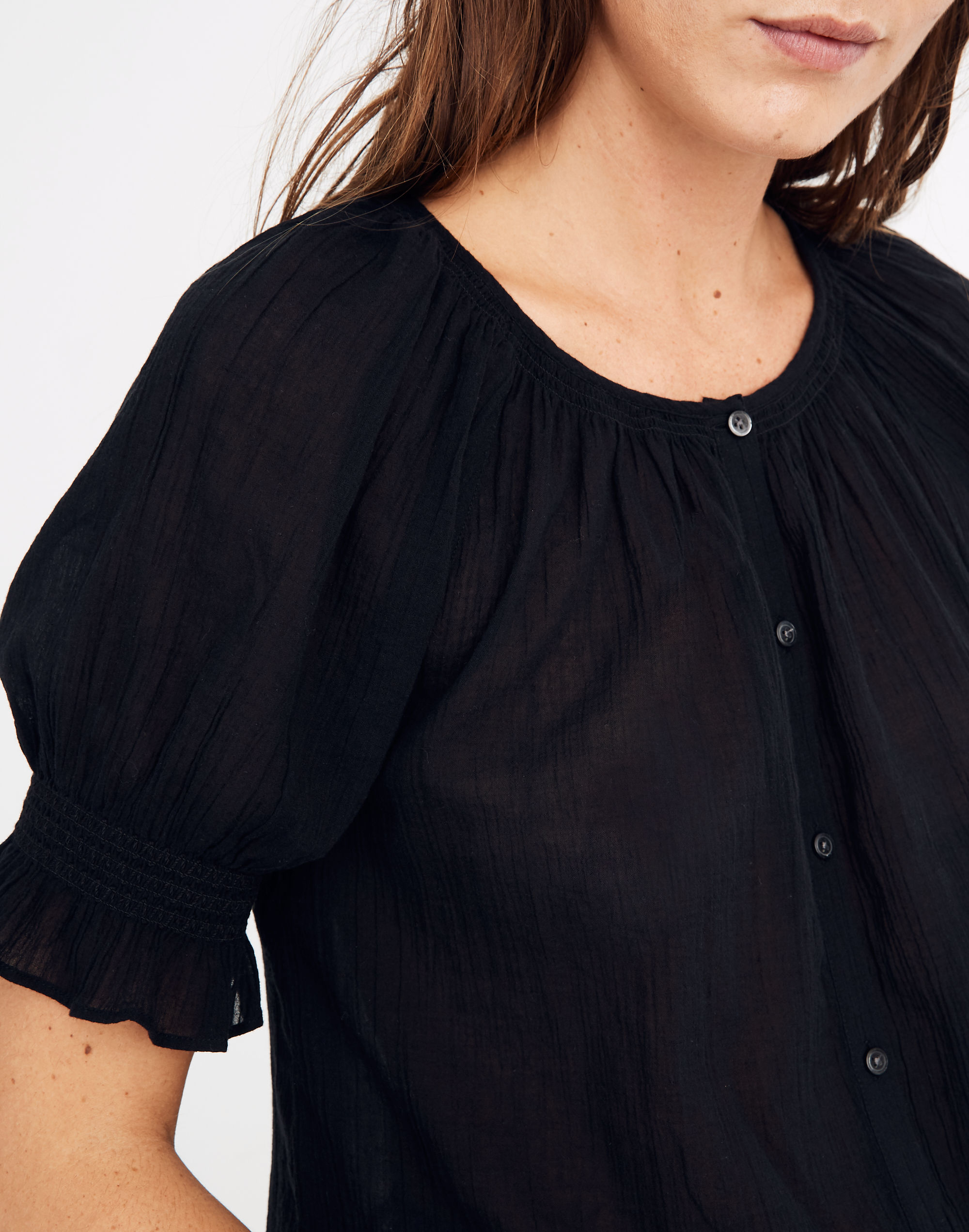 Smocked Button-Down Top