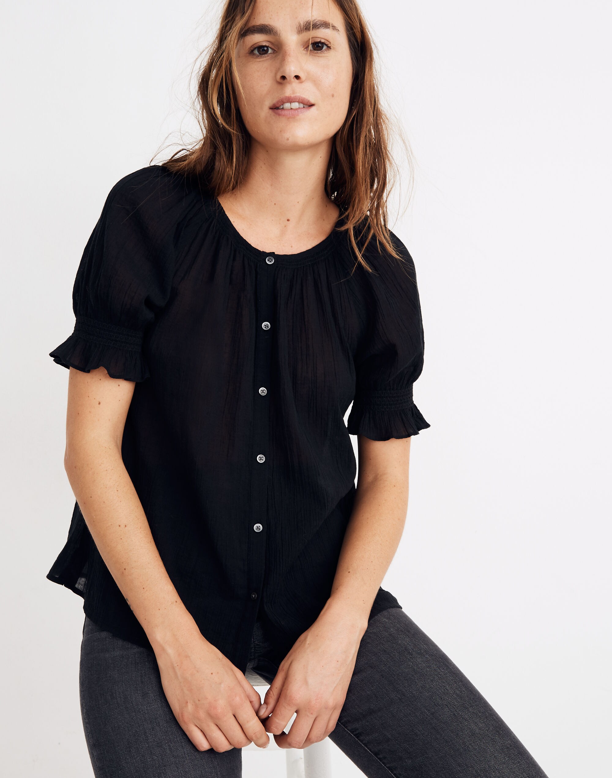 Smocked Button-Down Top