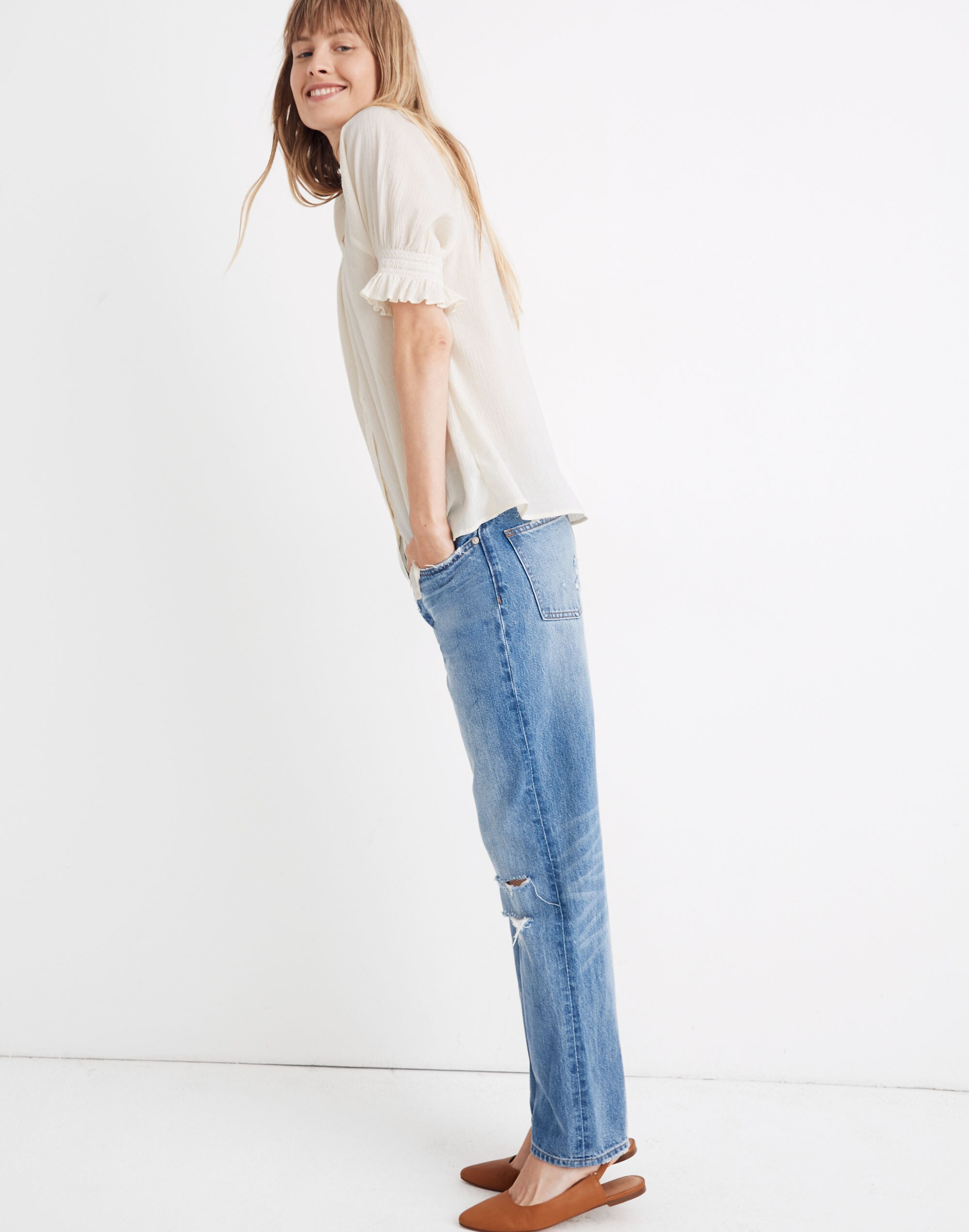 Smocked Button-Down Top