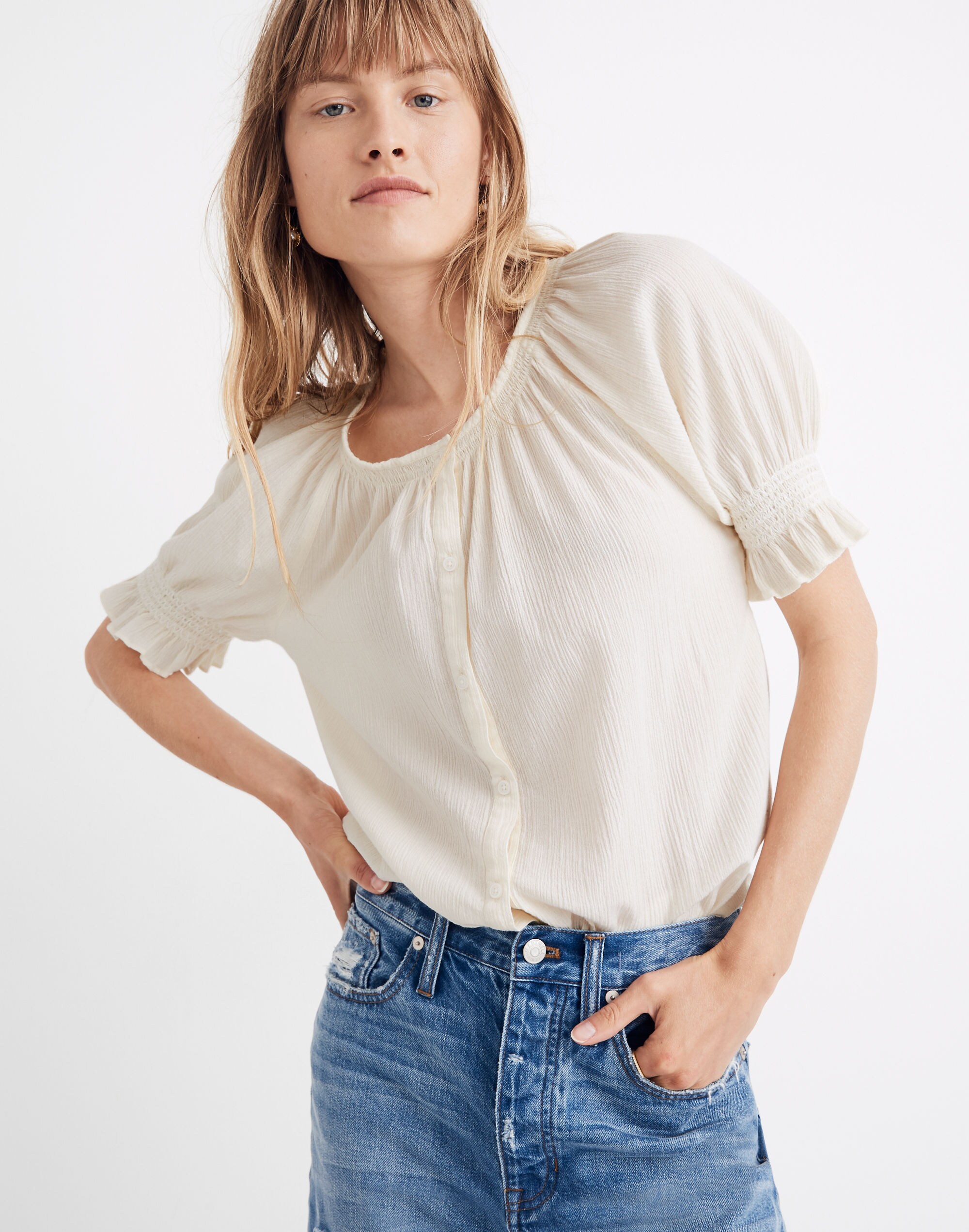 Smocked Button-Down Top