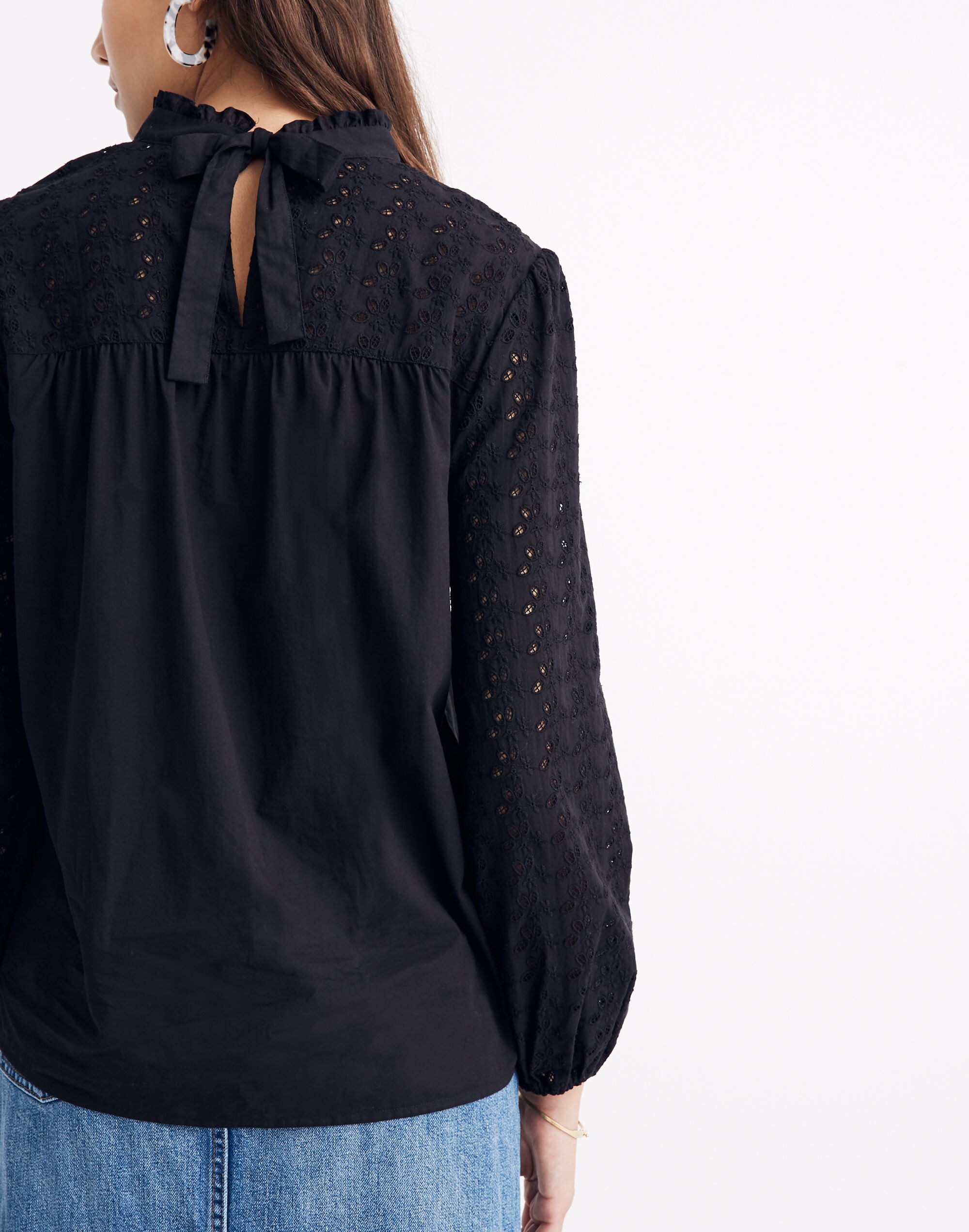 Pieced Eyelet Mockneck Ruffle Top