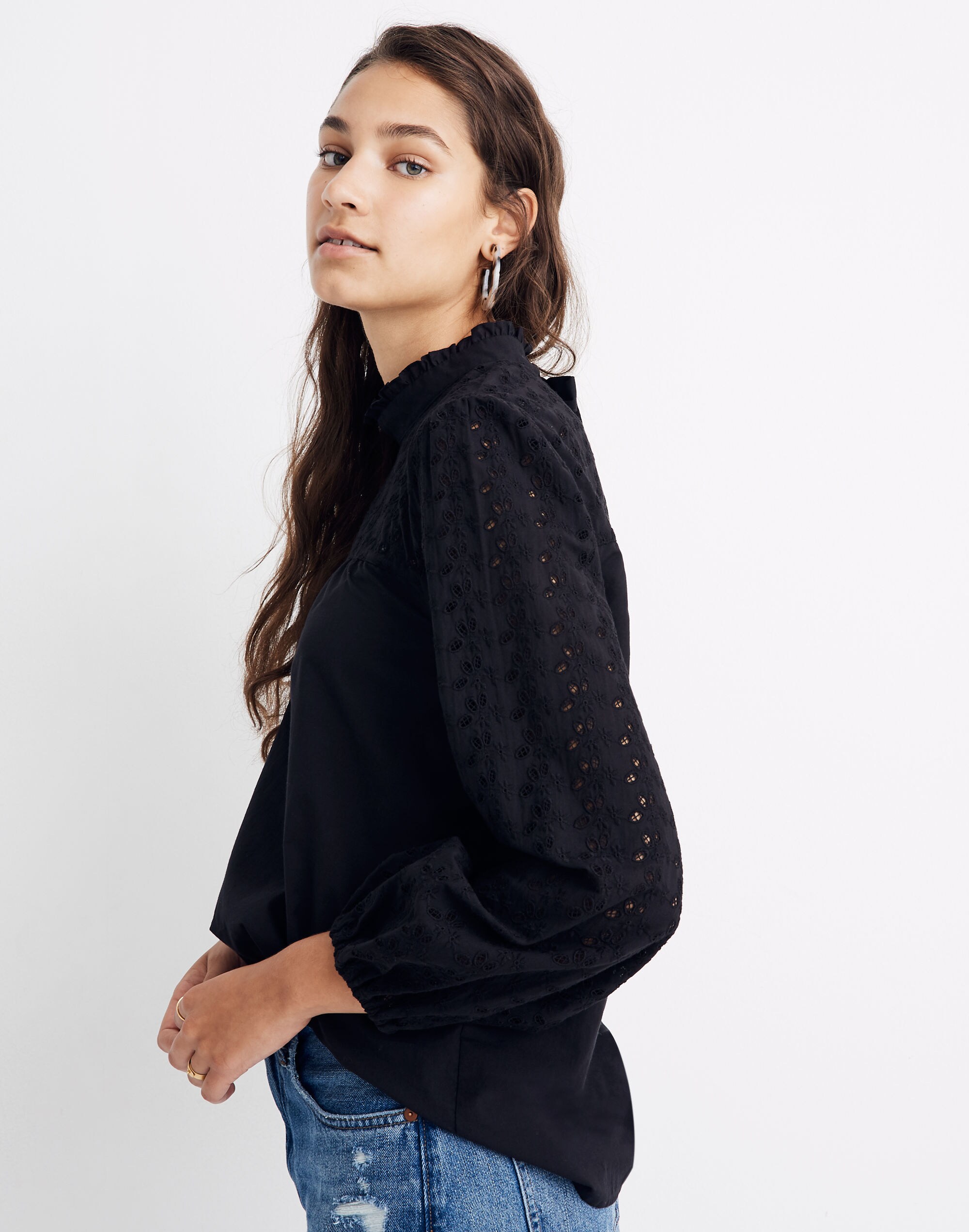 Pieced Eyelet Mockneck Ruffle Top