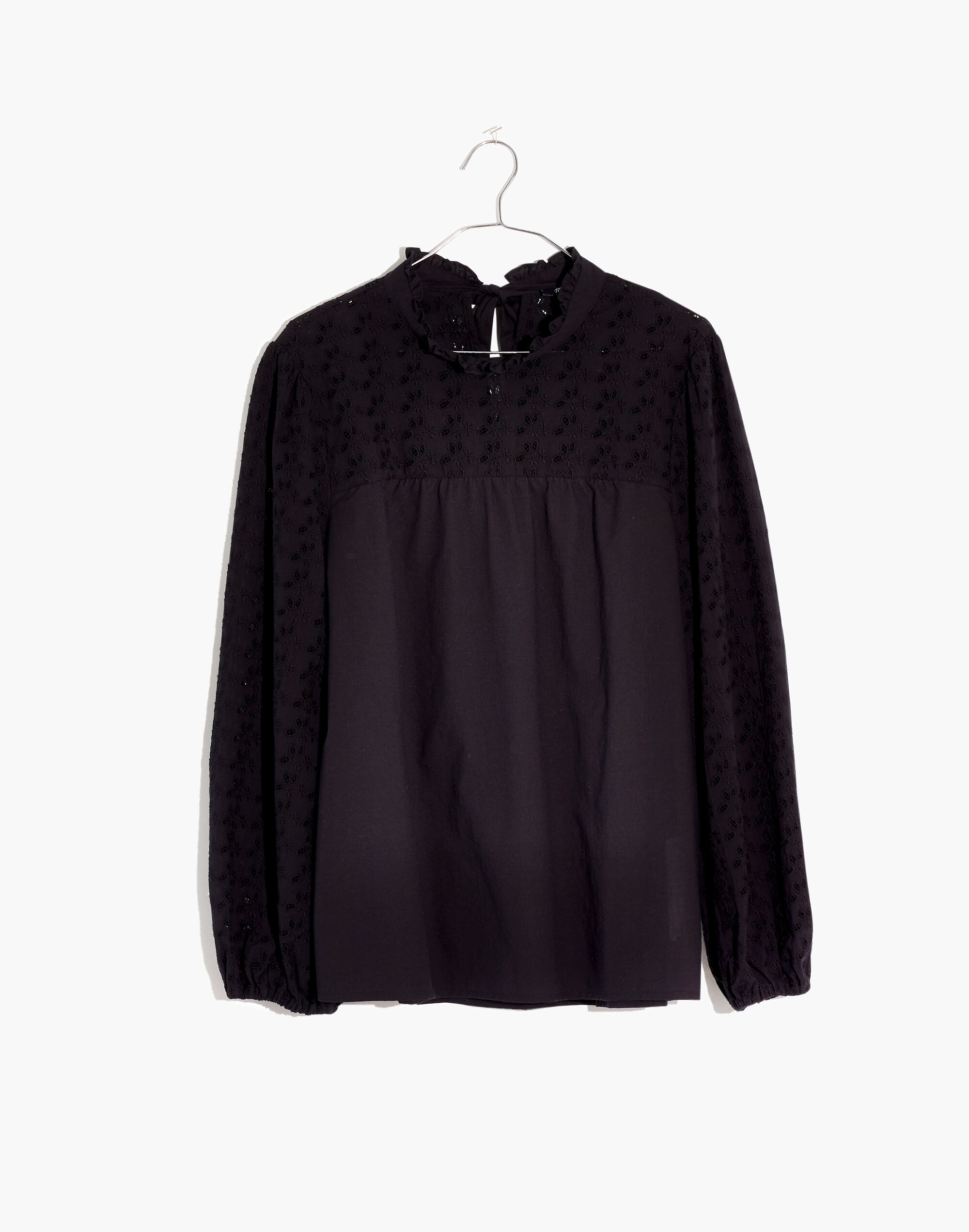 Pieced Eyelet Mockneck Ruffle Top