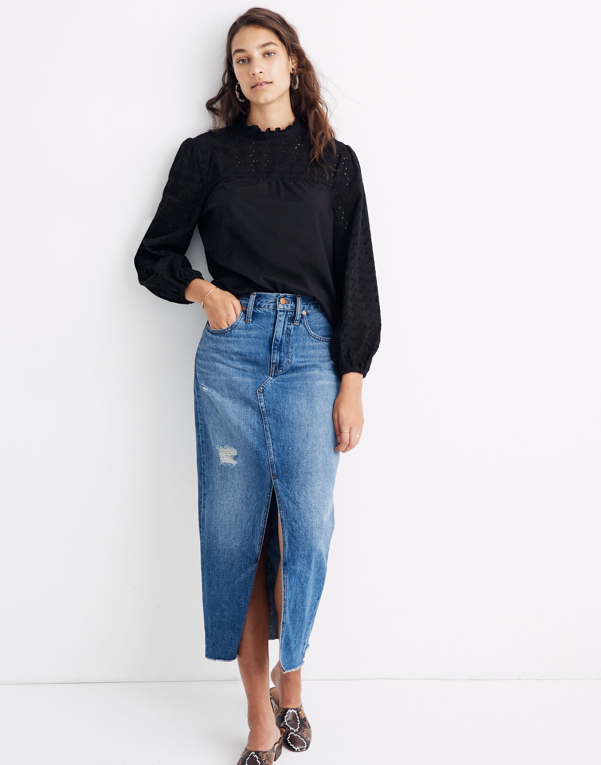 Pieced Eyelet Mockneck Ruffle Top