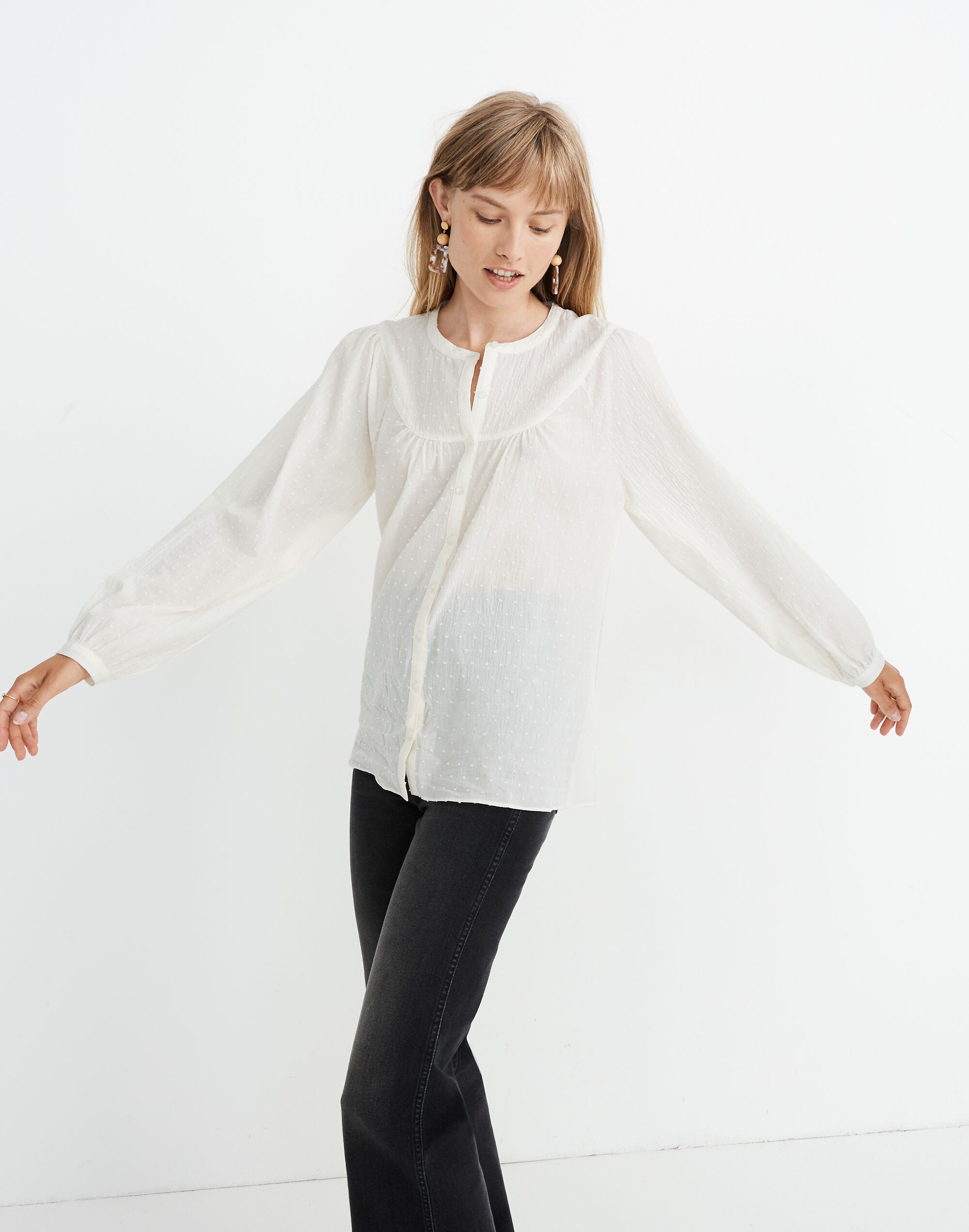 Balloon-Sleeve Peasant Top in Clipdot