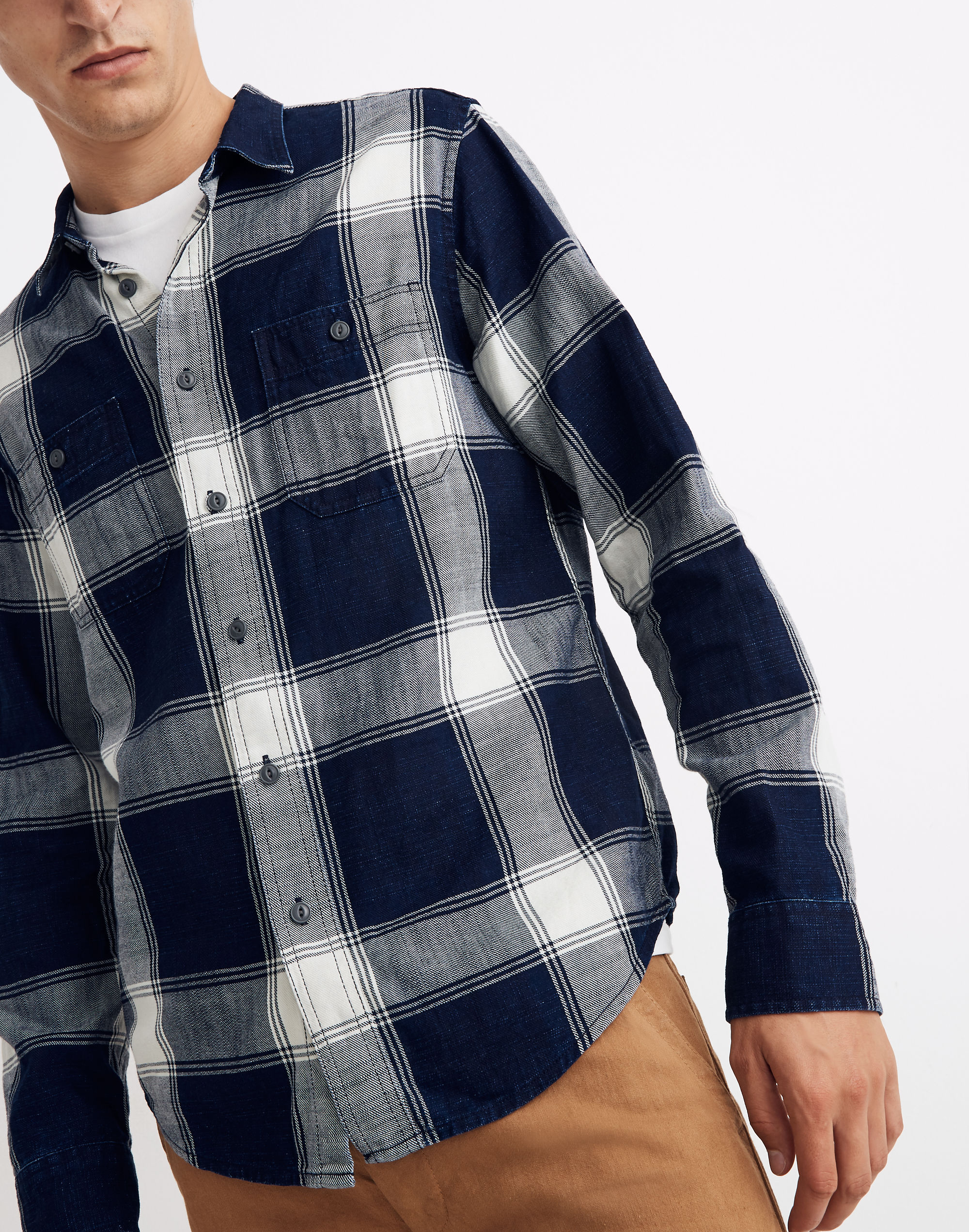 Twill Long-Sleeve Perfect Shirt in Indigo Plaid