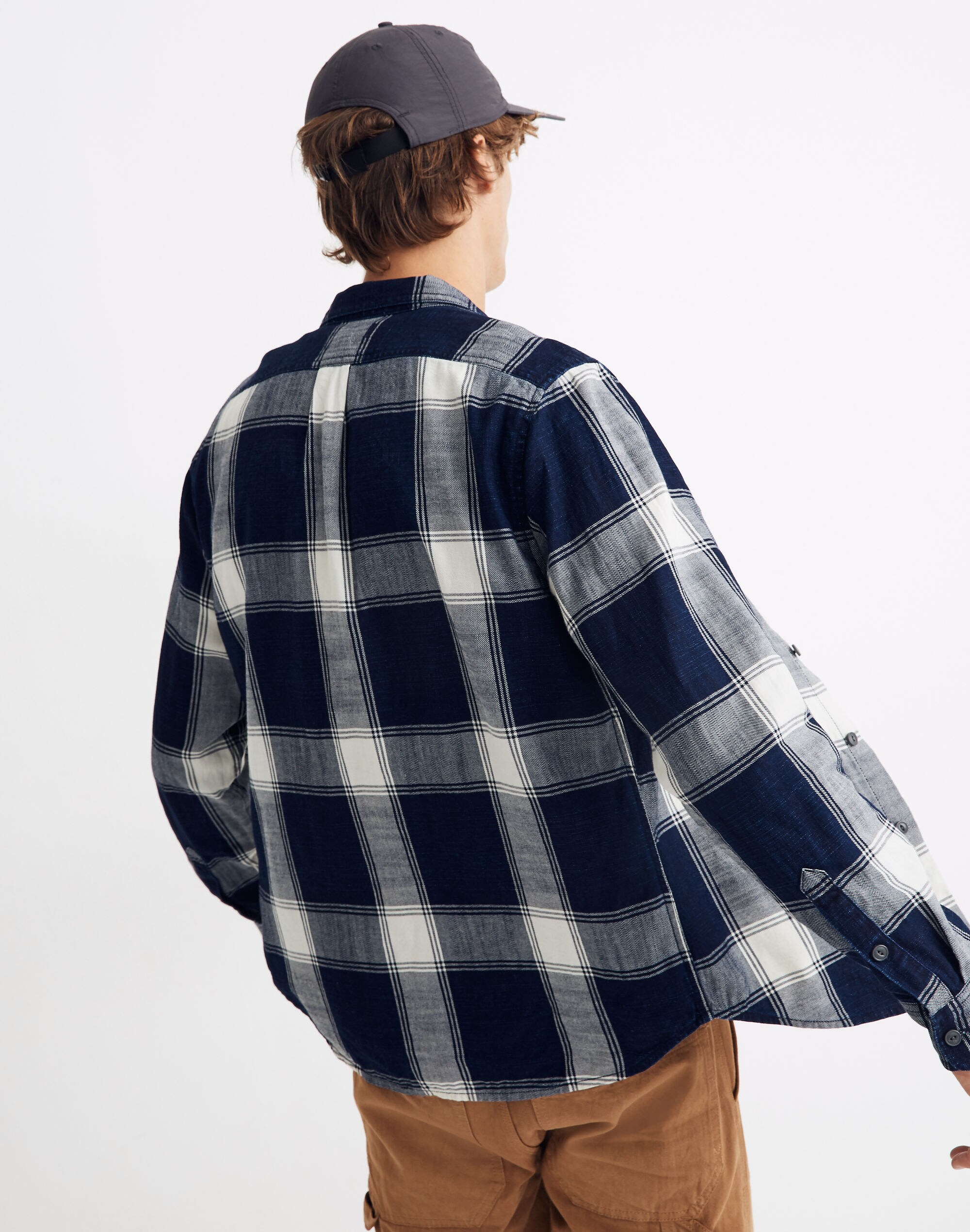 Twill Long-Sleeve Perfect Shirt in Indigo Plaid