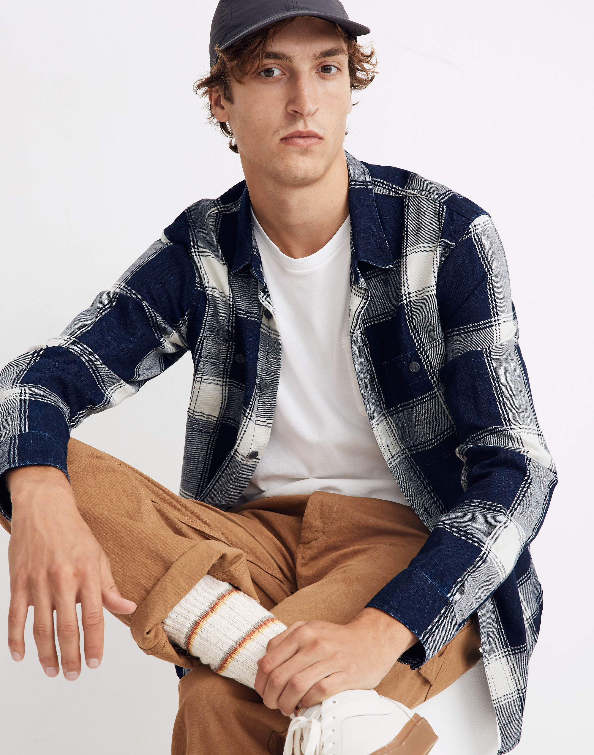 Twill Long-Sleeve Perfect Shirt in Indigo Plaid