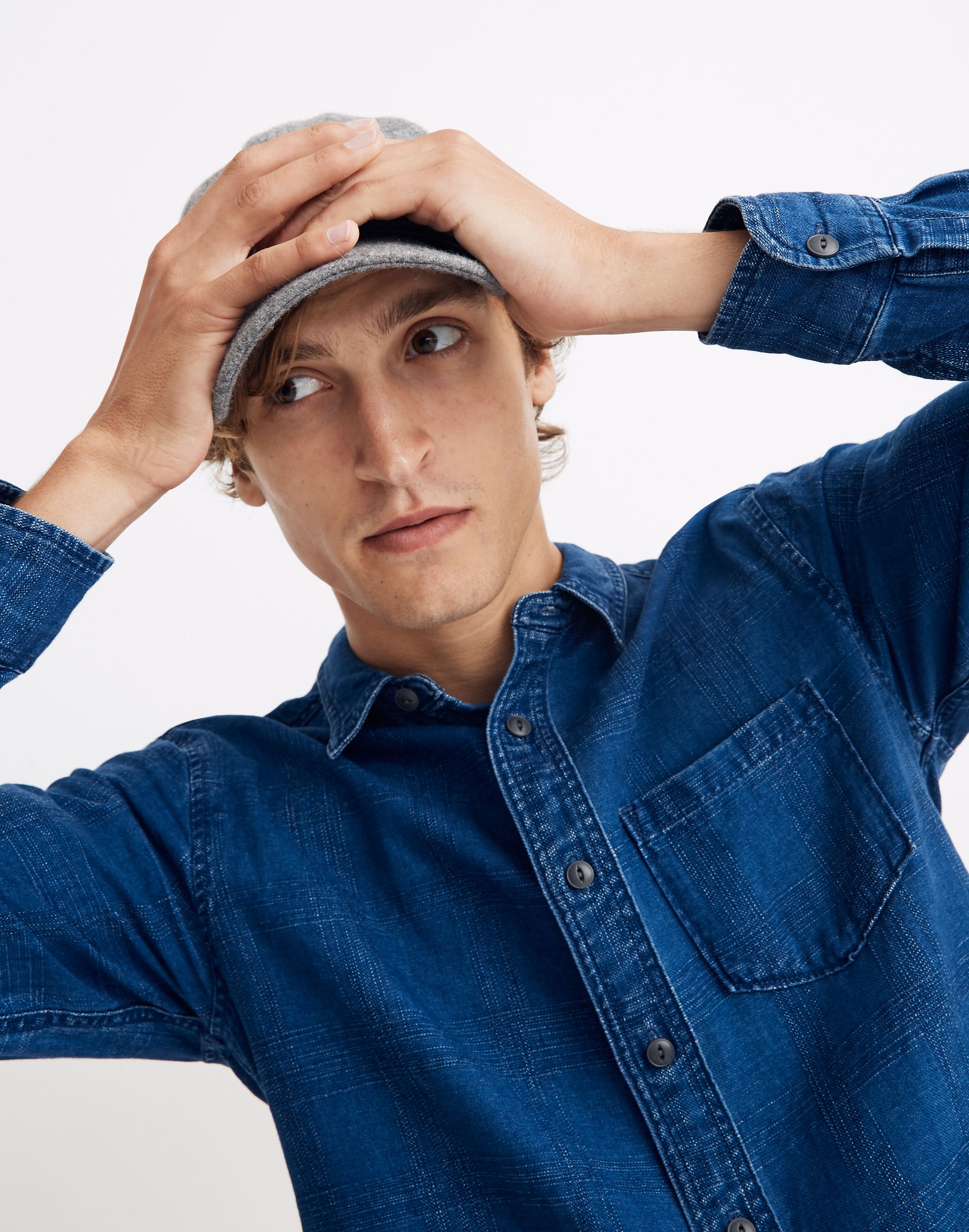 Indigo Long-Sleeve Perfect Shirt in Textured Plaid