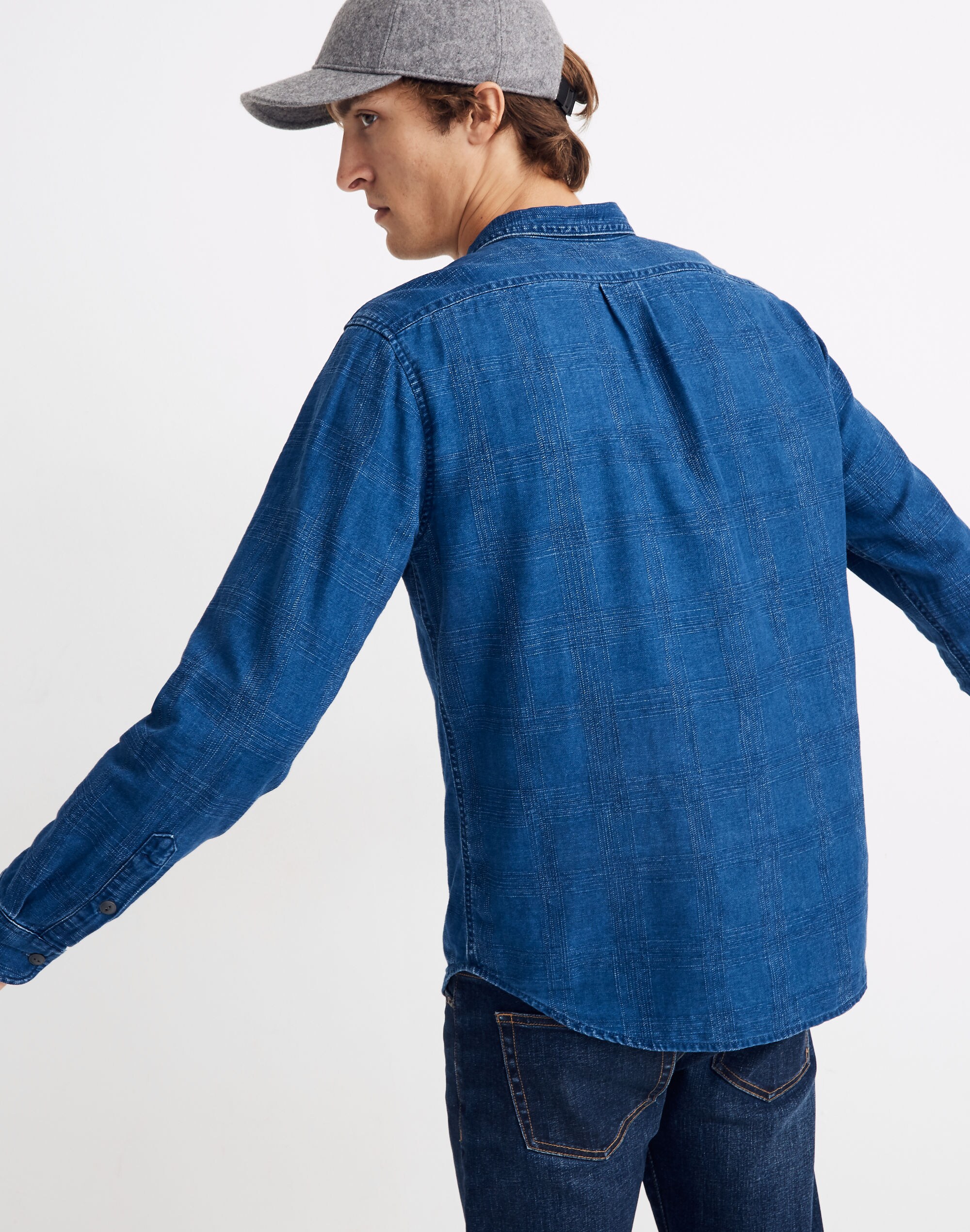 Indigo Long-Sleeve Perfect Shirt in Textured Plaid