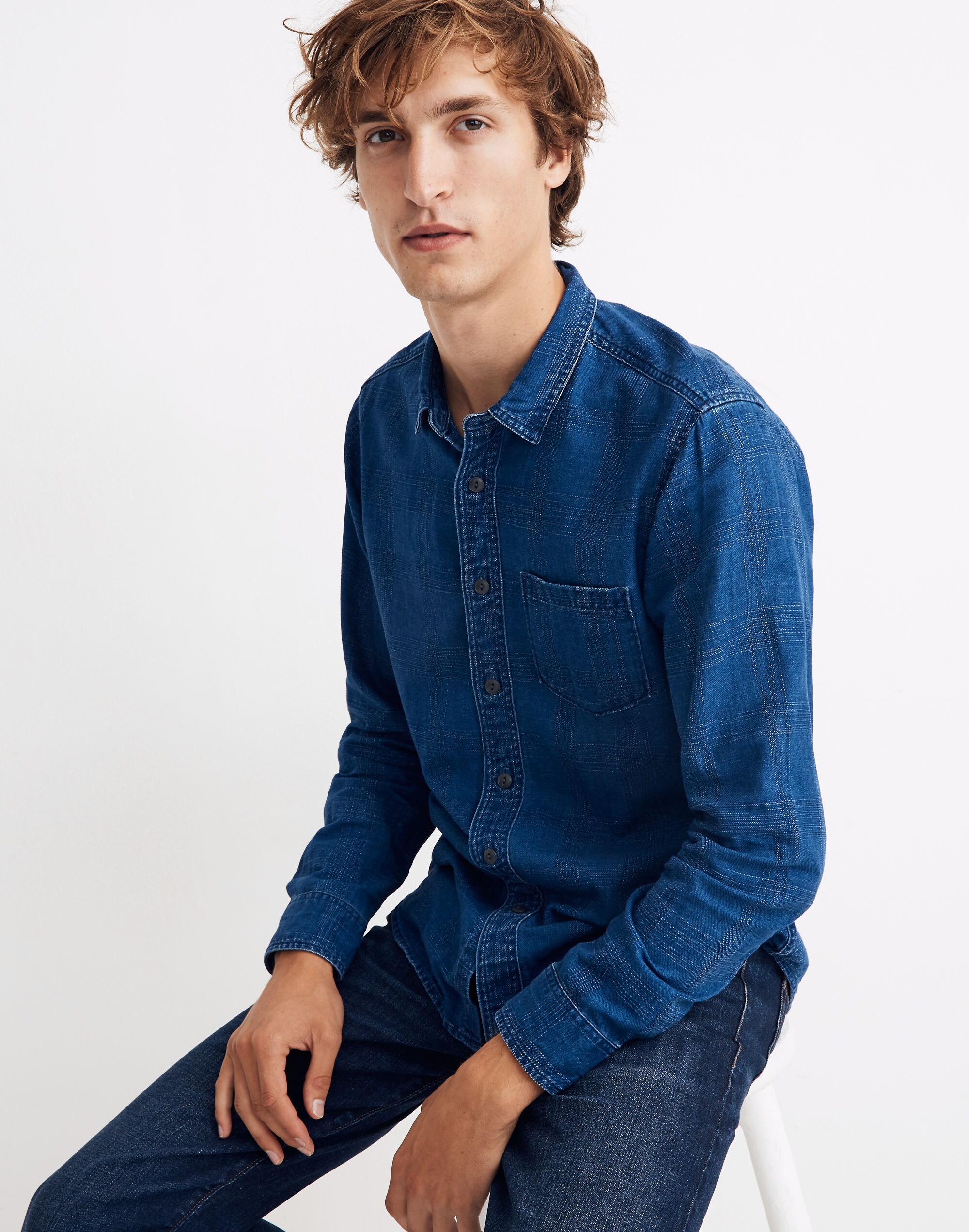Indigo Long-Sleeve Perfect Shirt in Textured Plaid