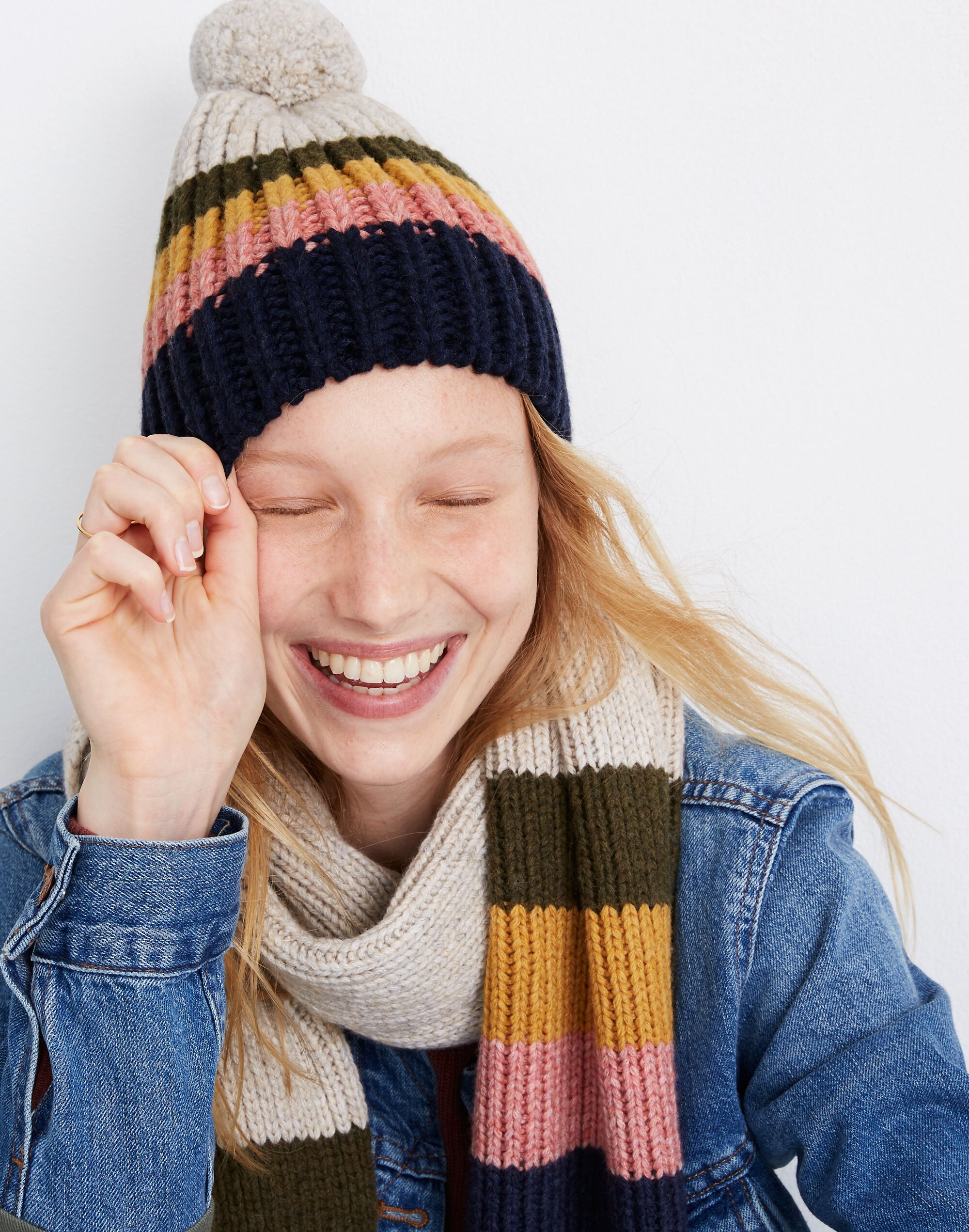 Striped Pom-Pom Beanie