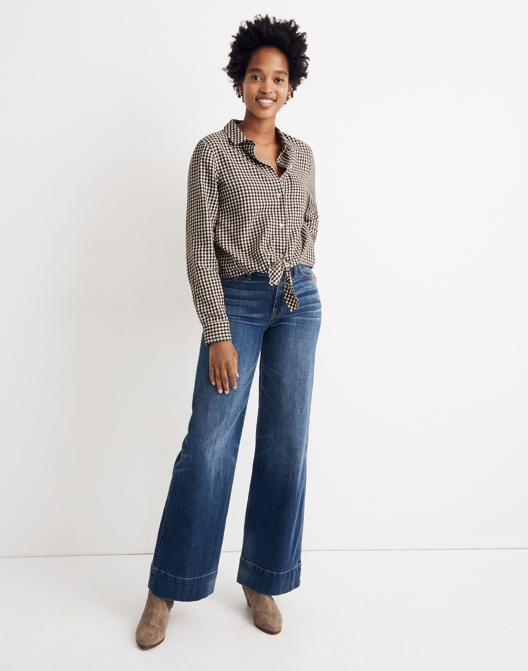 Flannel Tie-Front Shirt in Gingham Check