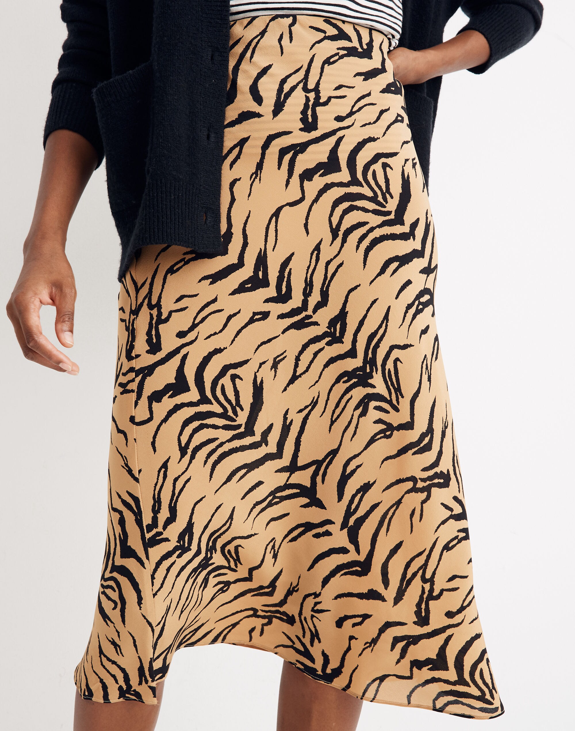 Silk Midi Slip Skirt in Tiger Stripe