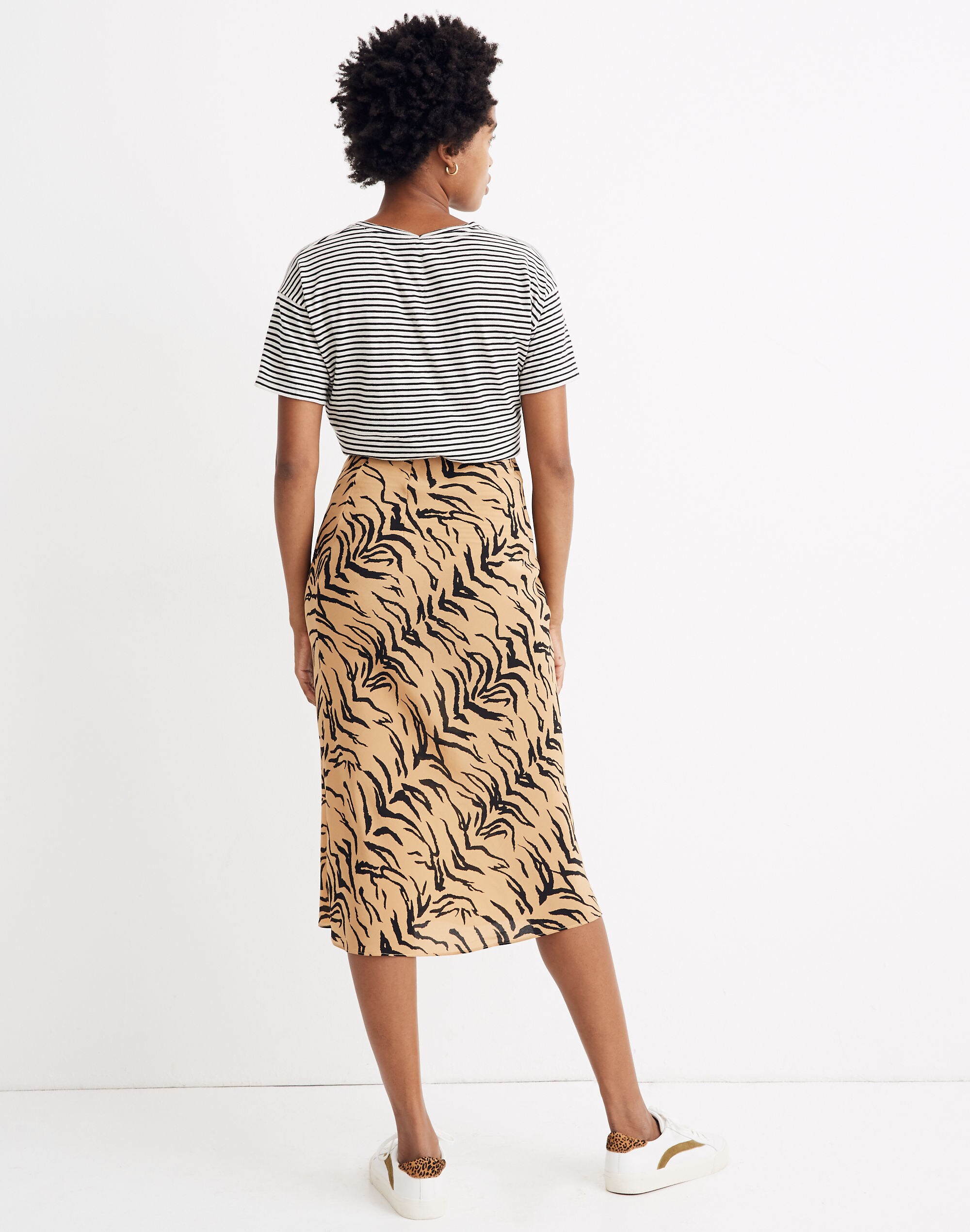 Silk Midi Slip Skirt in Tiger Stripe