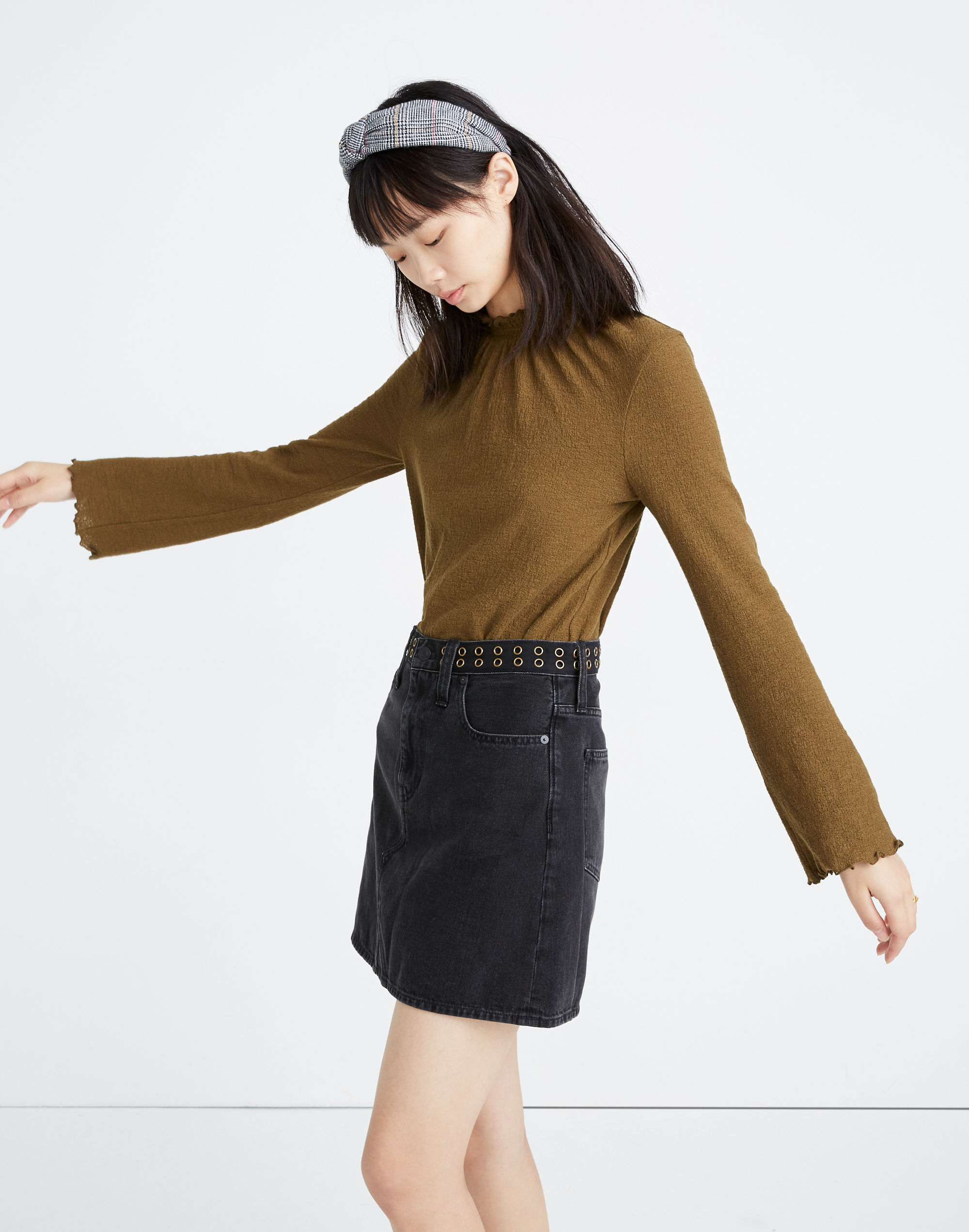 Rigid Denim A-Line Mini Skirt: Grommet Edition