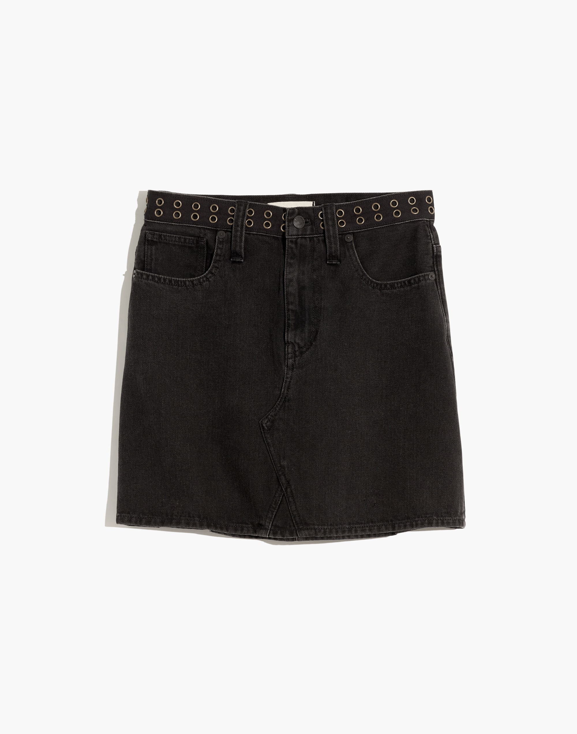 Rigid Denim A-Line Mini Skirt: Grommet Edition