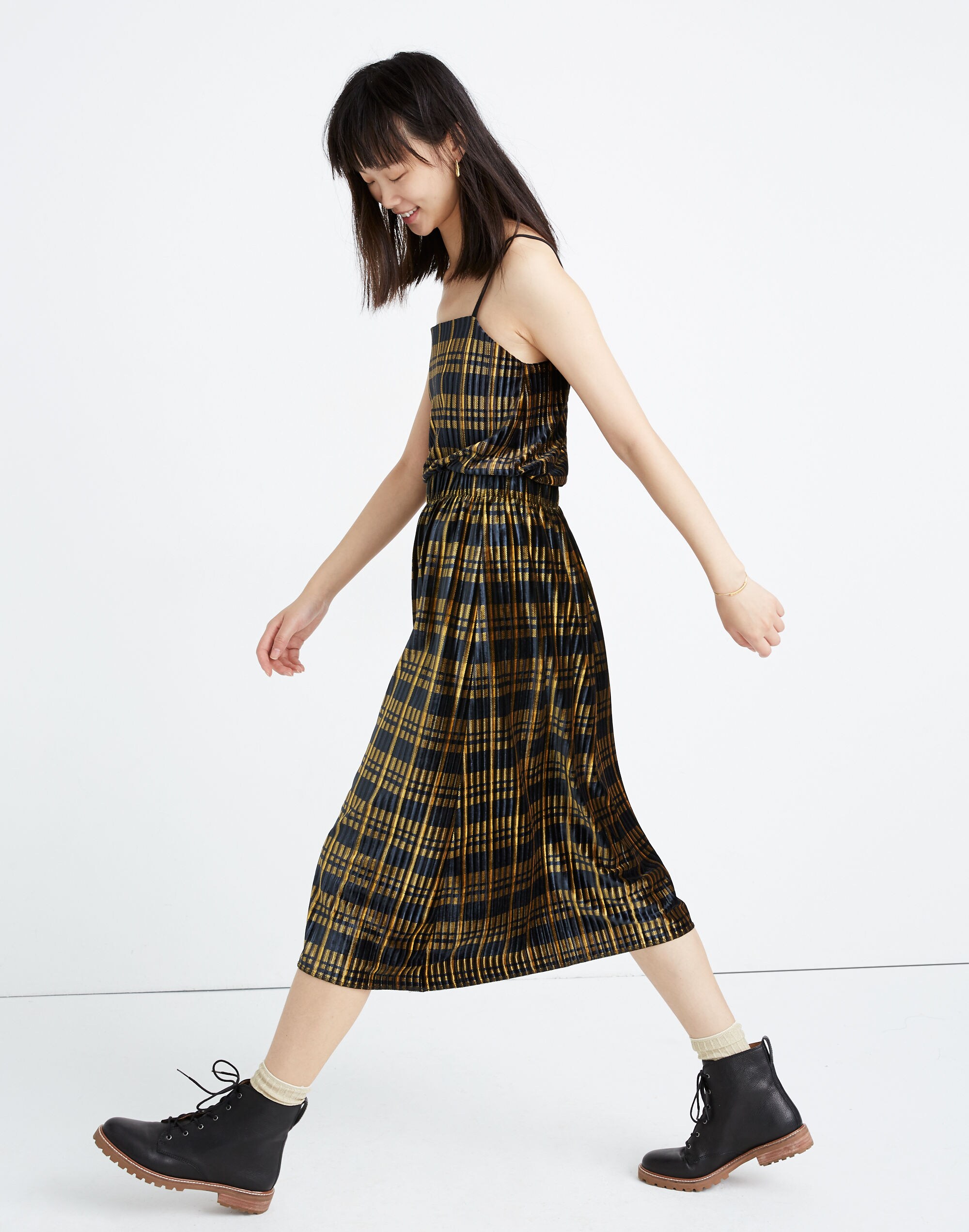 Pleated Velvet Midi Skirt in Plaid