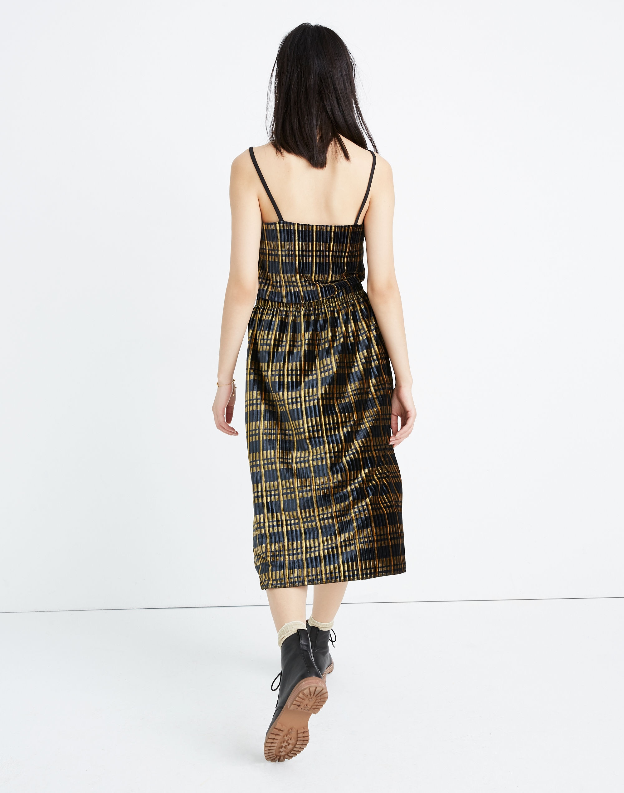 Pleated Velvet Midi Skirt in Plaid