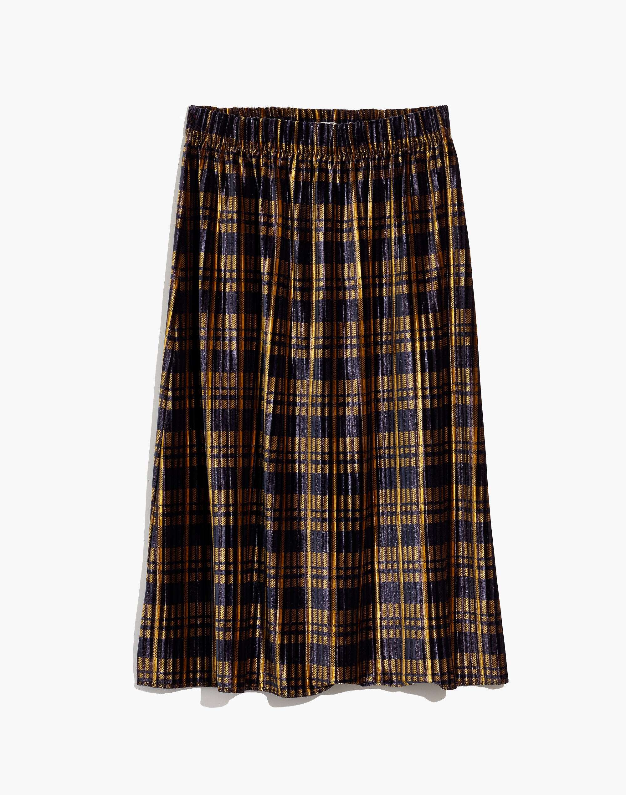 Pleated Velvet Midi Skirt in Plaid