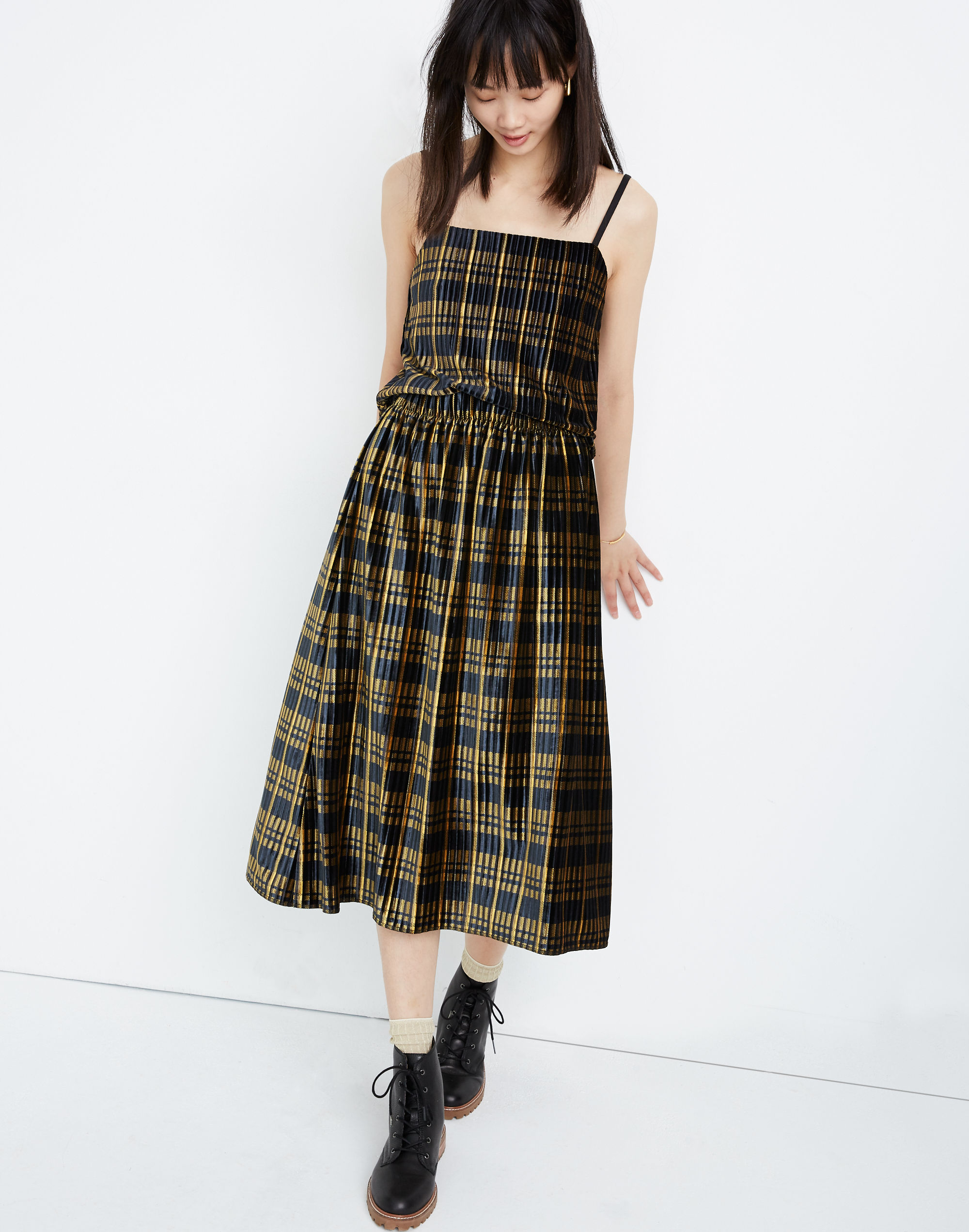 pleated velvet midi skirt in plaid