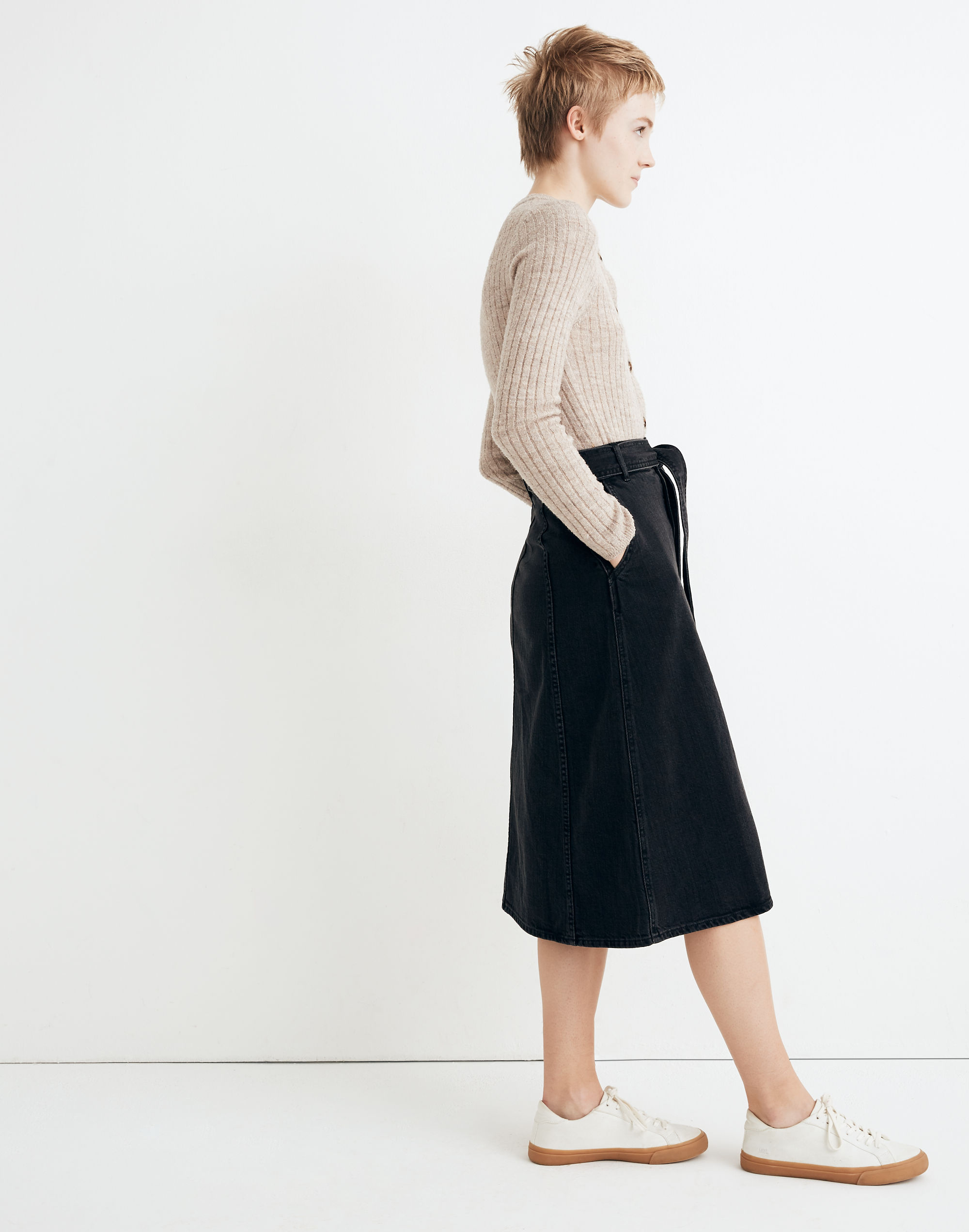 Rigid Denim Tie-Waist Midi Skirt in Shrader Wash