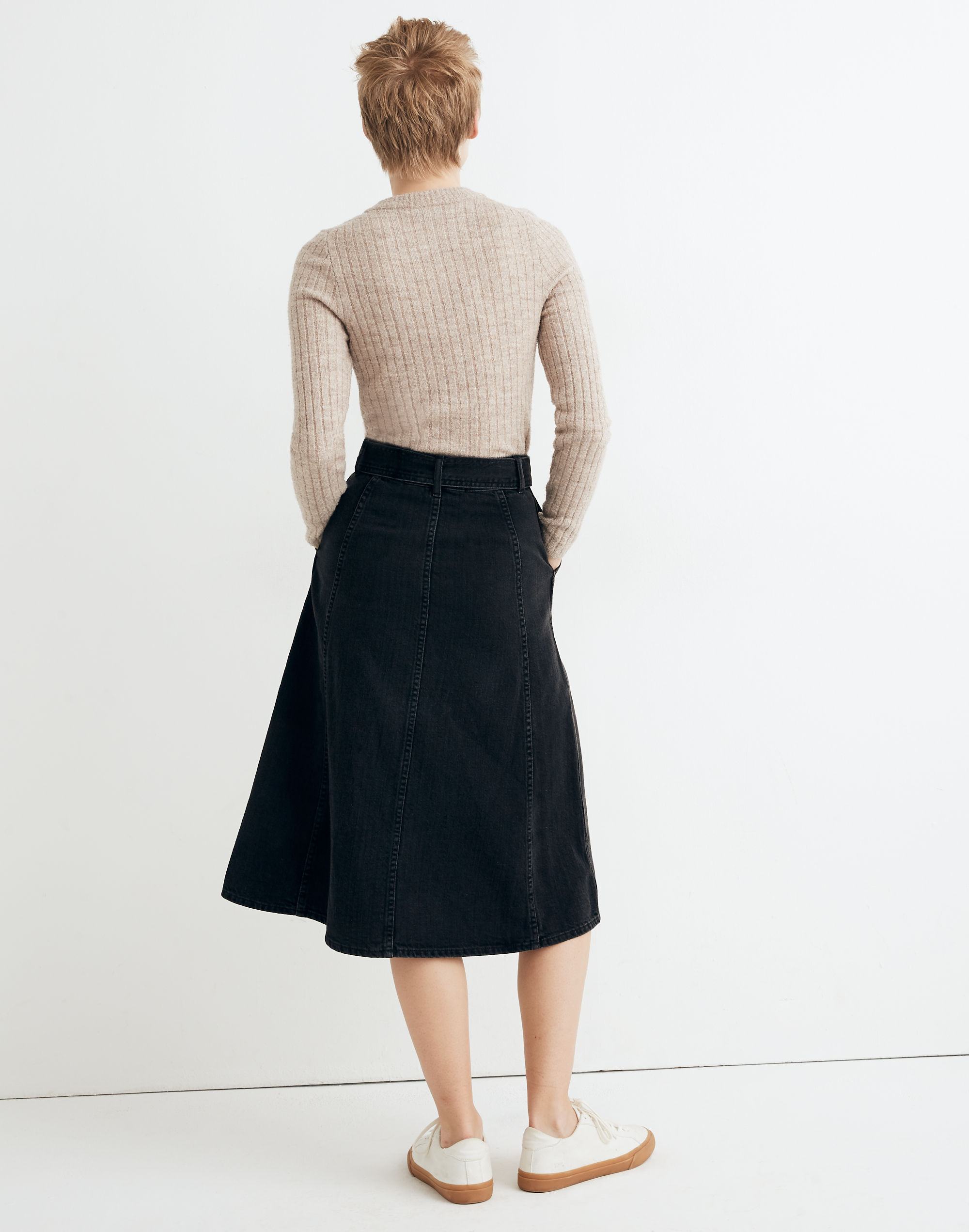 Rigid Denim Tie-Waist Midi Skirt in Shrader Wash