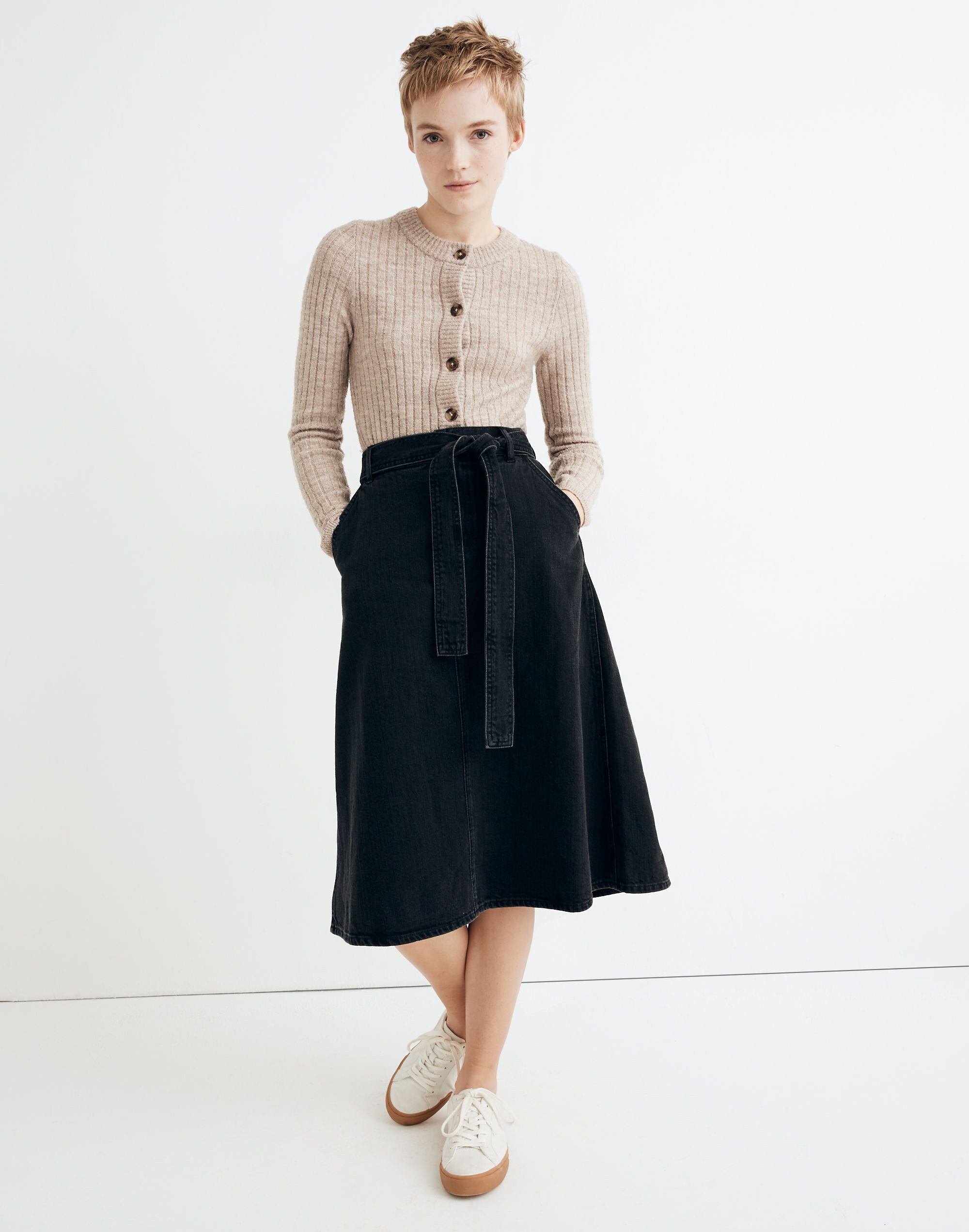 Rigid Denim Tie-Waist Midi Skirt in Shrader Wash