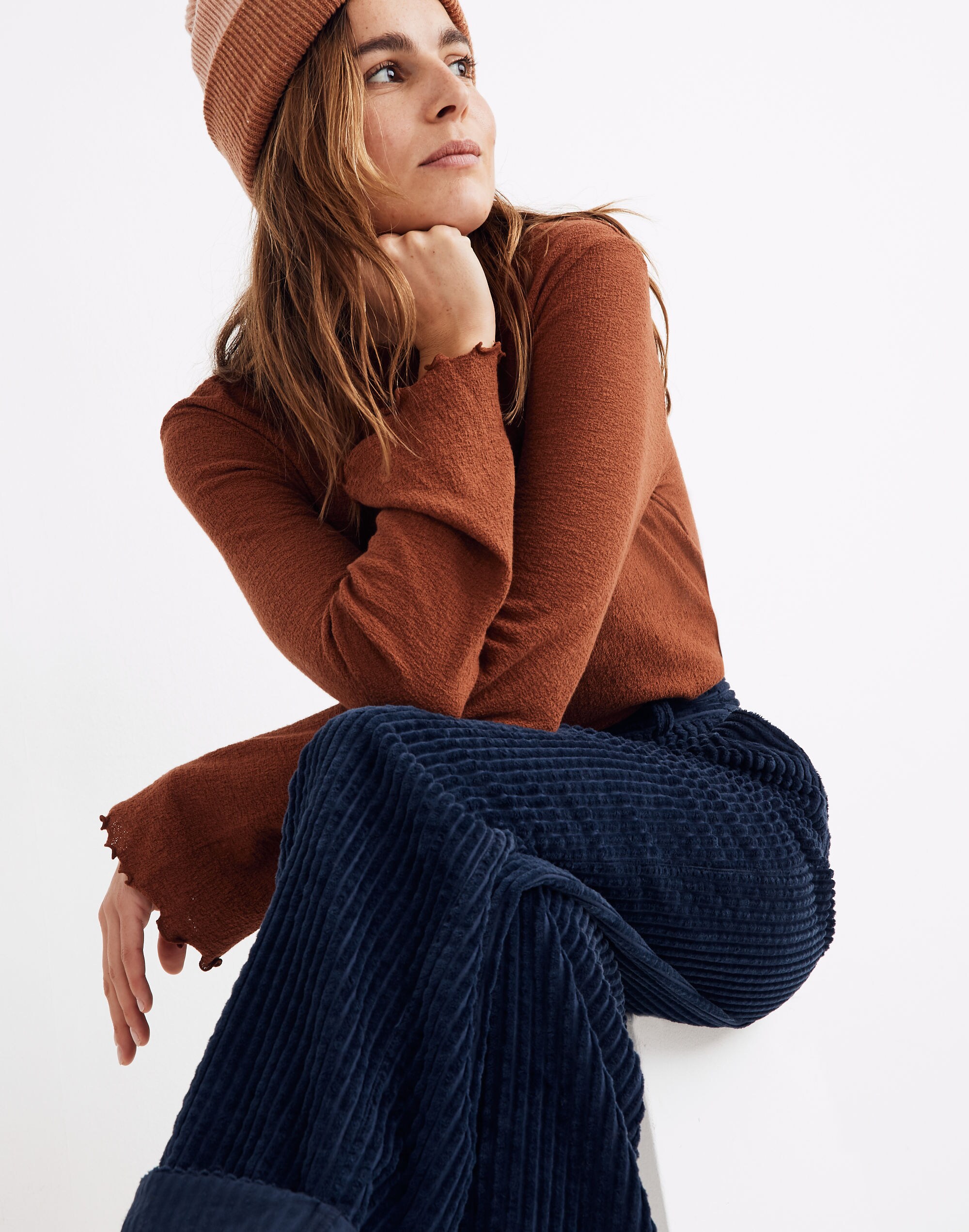 Pleated Wide-Leg Full-Length Pants in Corduroy