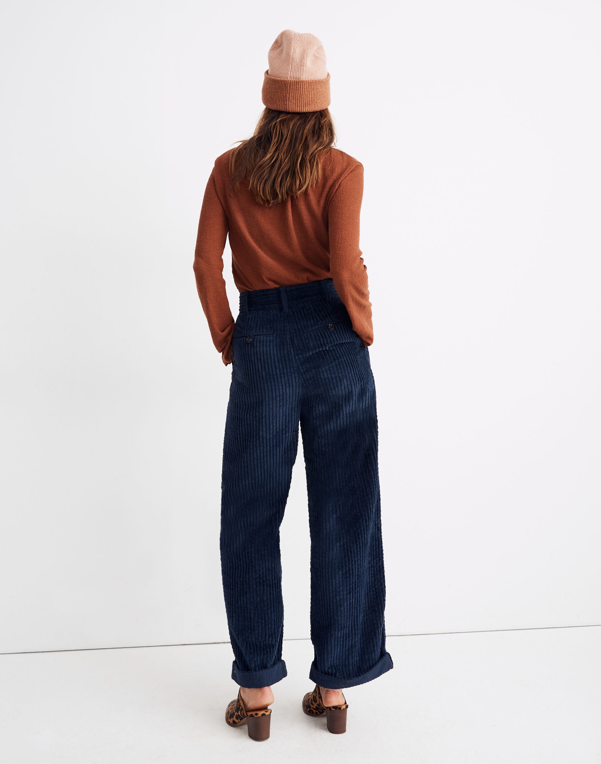 Pleated Wide-Leg Full-Length Pants in Corduroy