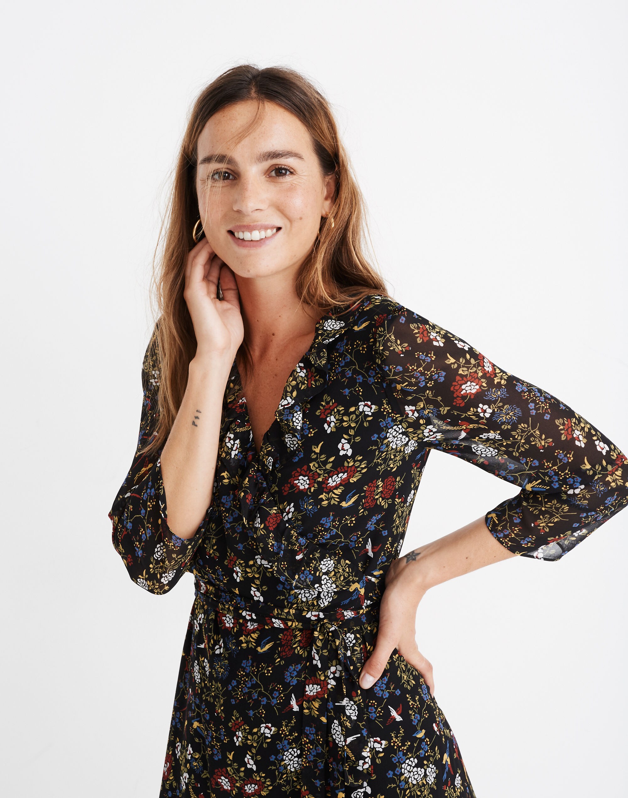 Sheer-Sleeve Ruffled Wrap Dress in Finch Floral