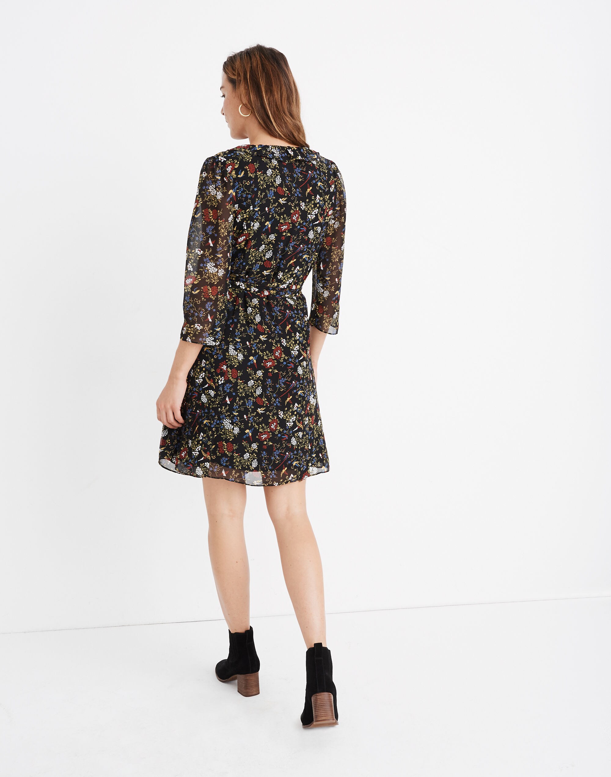 Sheer-Sleeve Ruffled Wrap Dress in Finch Floral