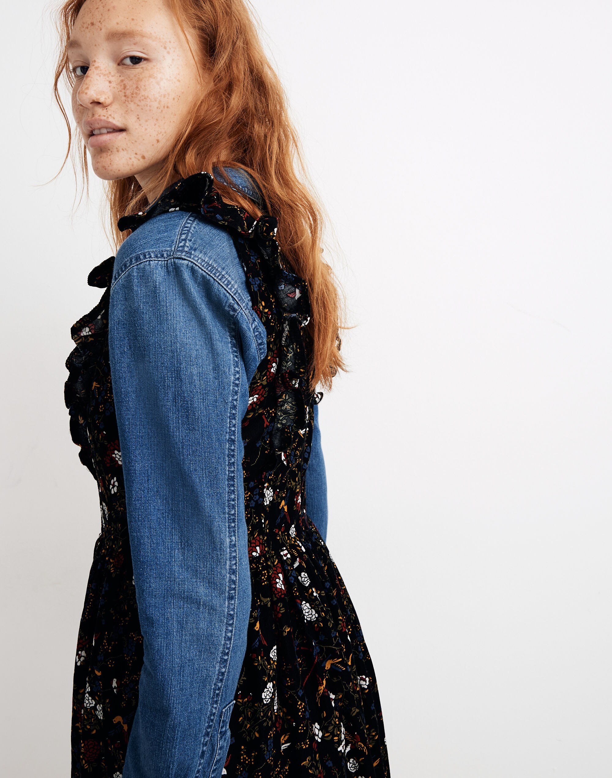 Corduroy Ruffle-Front Dress in Finch Floral