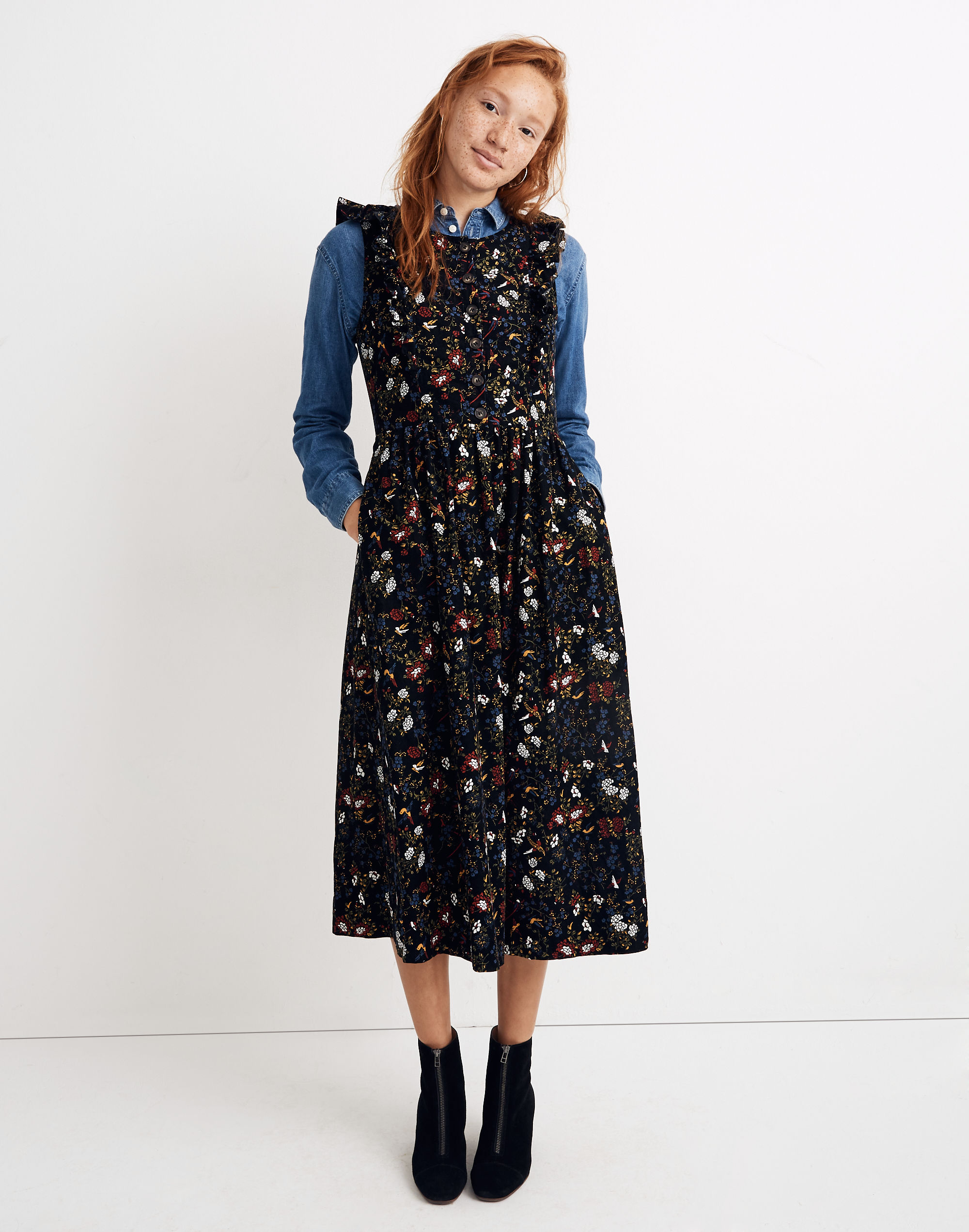 corduroy ruffle-front dress in finch floral