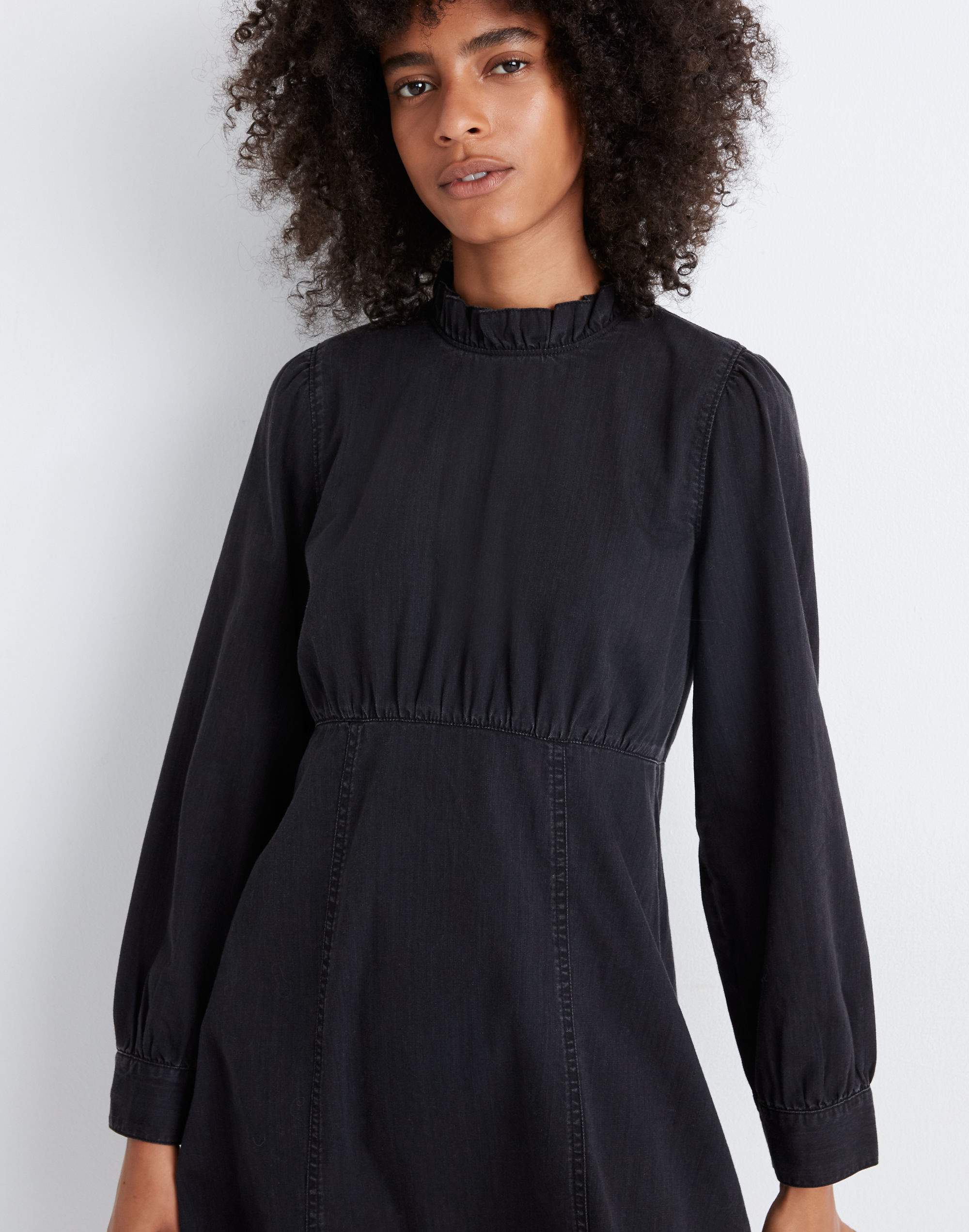 Denim Ruffled Mockneck Dress