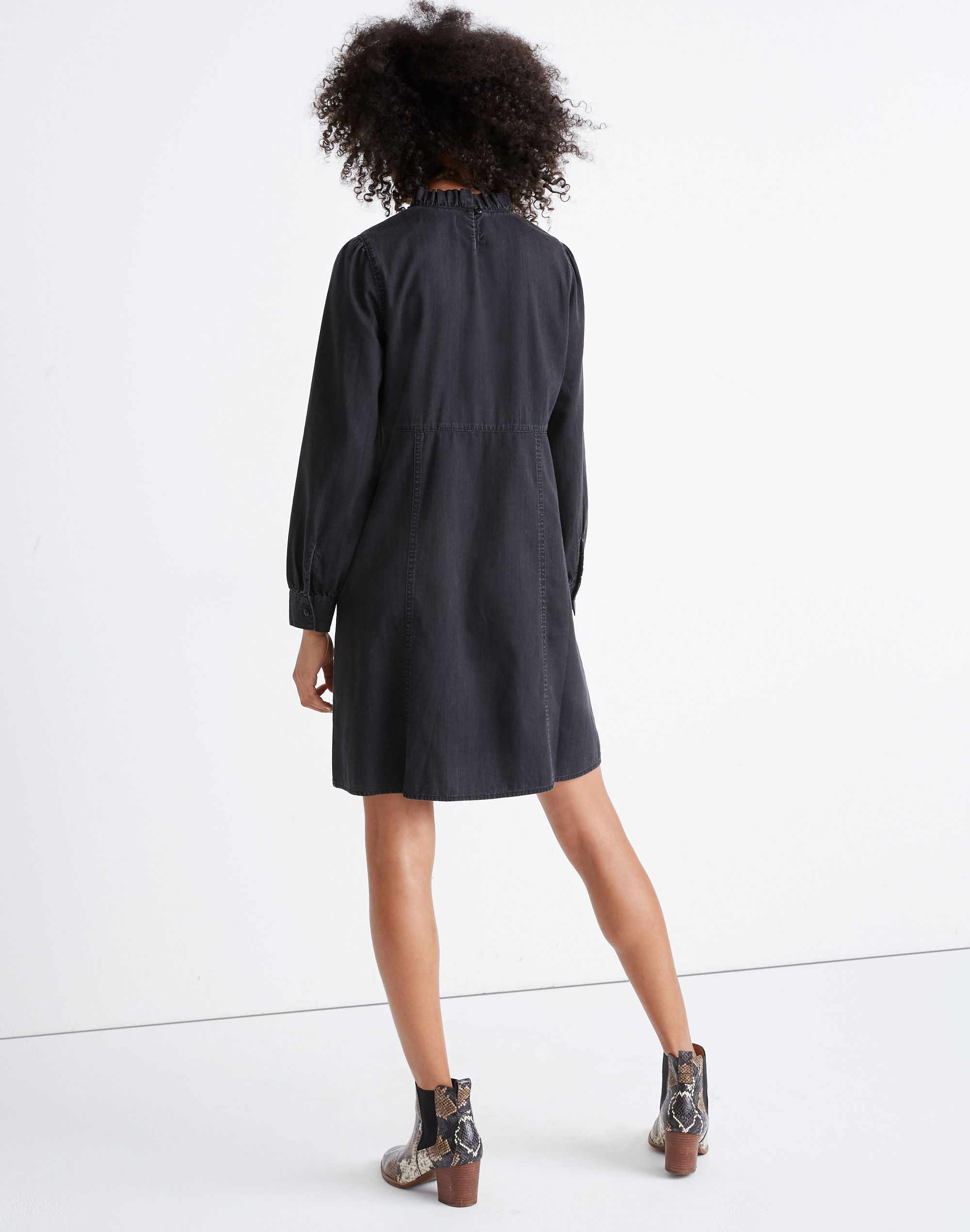 Denim Ruffled Mockneck Dress