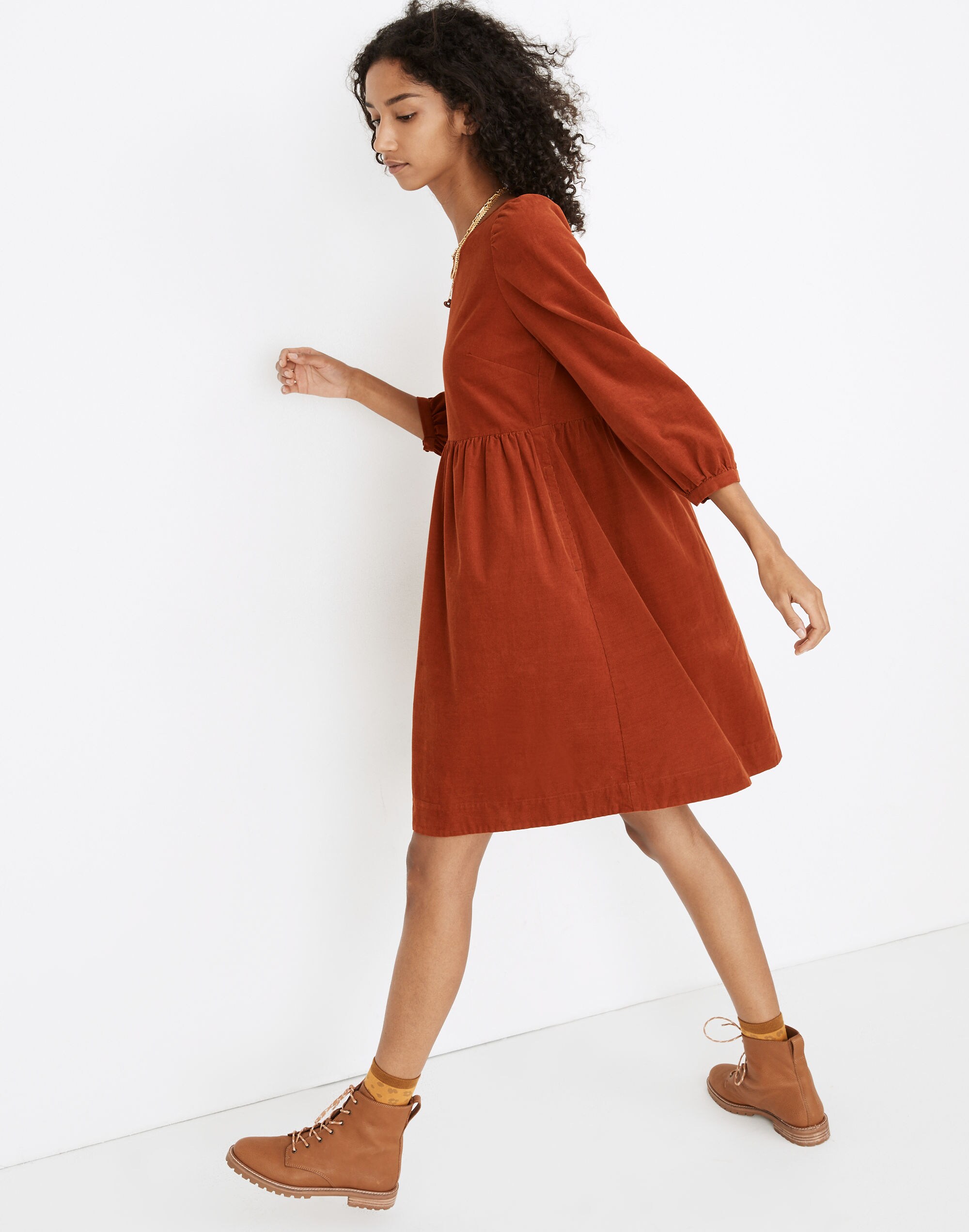 Corduroy Puff-Sleeve Mini Dress