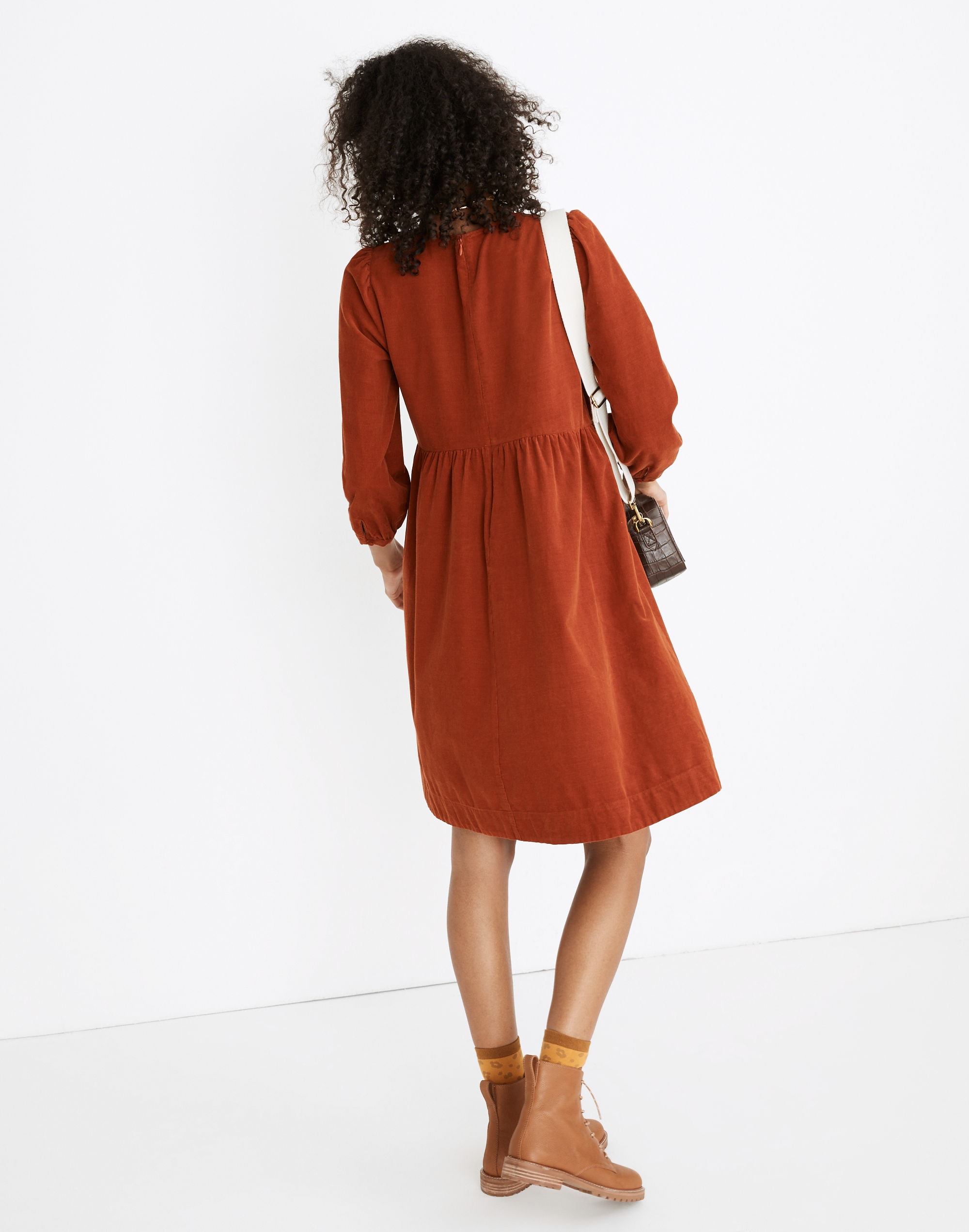 Corduroy Puff-Sleeve Mini Dress